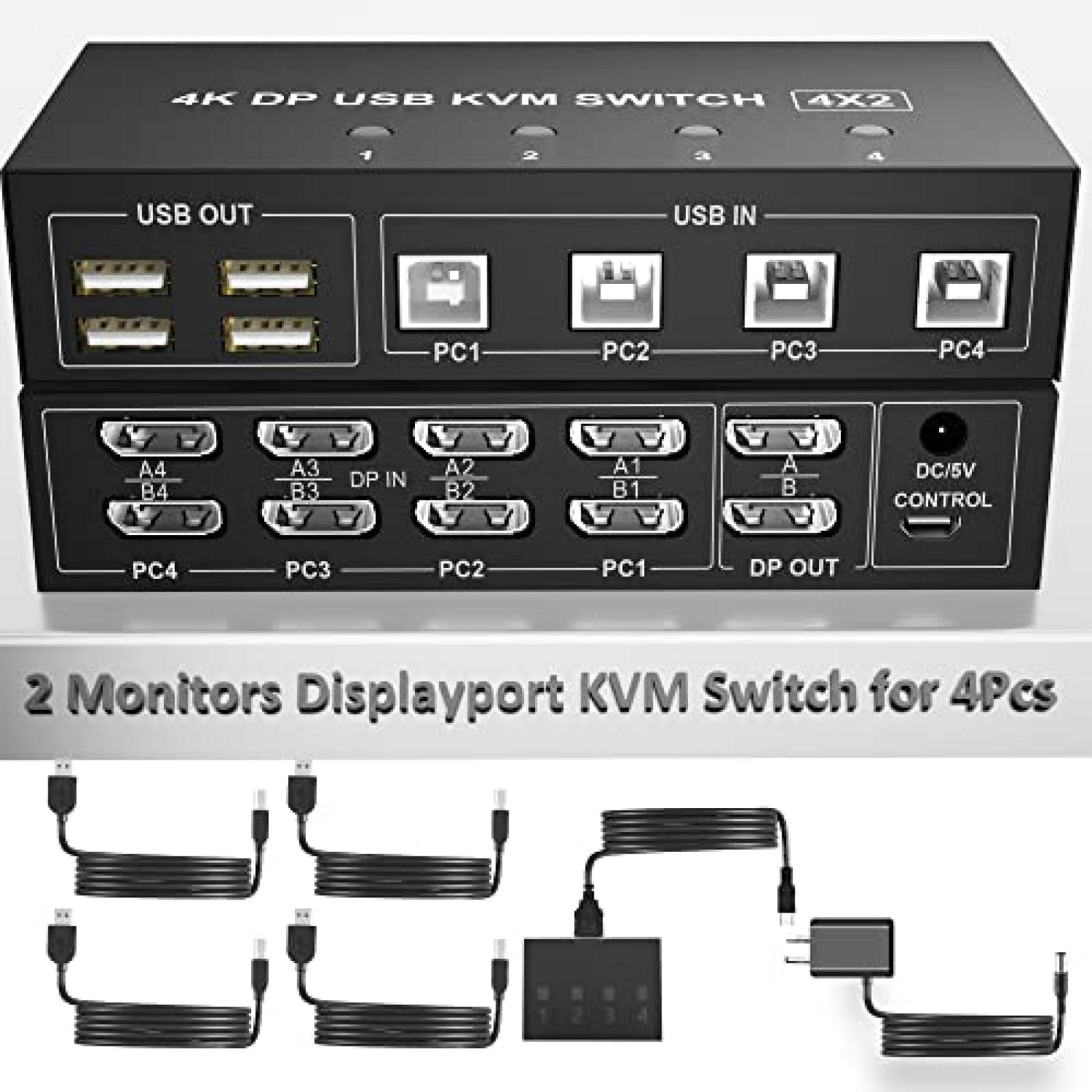 Switch KVM Yeemie Pro 4 PC 2 Display Port 4K 60Hz USB -Negro