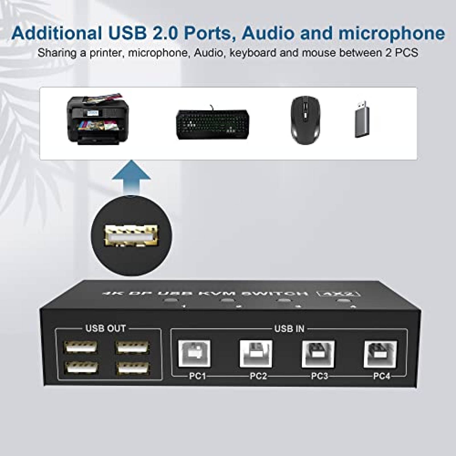 Switch KVM Yeemie Pro 4 PC 2 Display Port 4K 60Hz USB -Negro