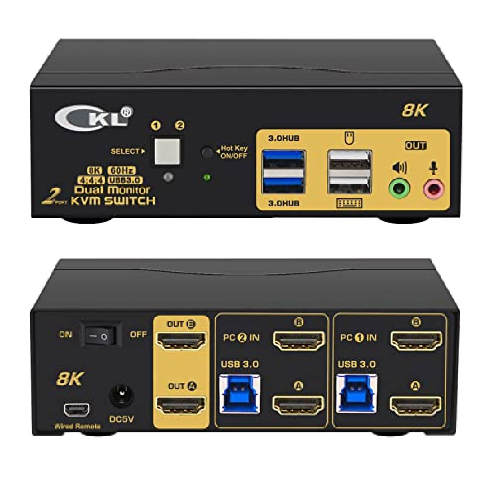 Switch KVM CKL Conmutador 2 Puertos Monitor Dual HDMI 8K USB
