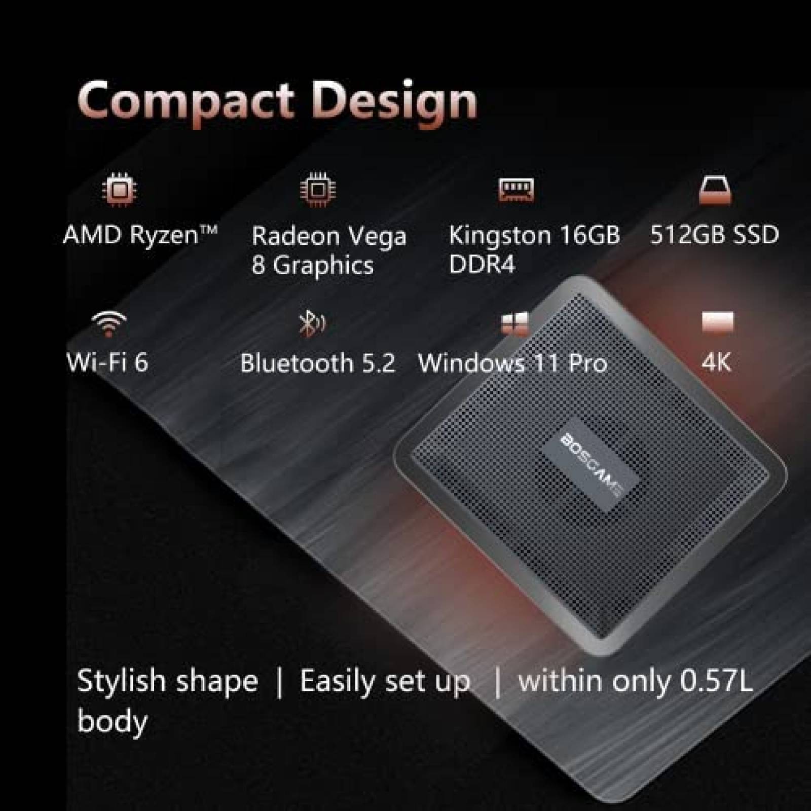 Mini PC BOSGAME AMD R7 16GB 512GB Windows 11 Pro-Gris