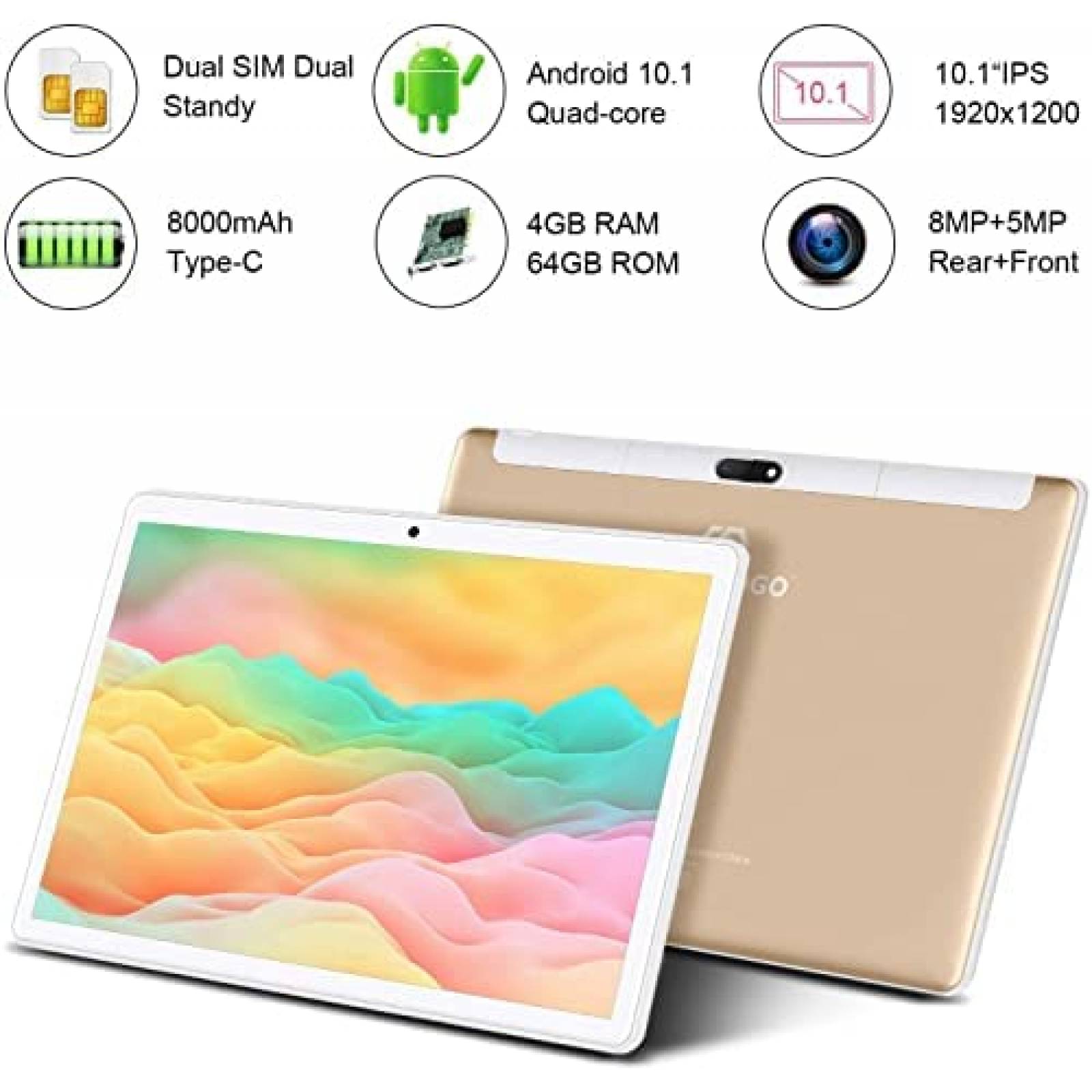 Tablet DUODUOGO 2 en 1 4GB RAM 64GB Dual Cam 8000mAh -Oro