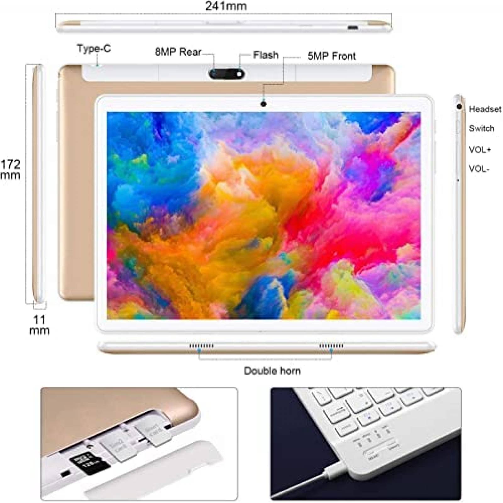 Tablet DUODUOGO 2 en 1 4GB RAM 64GB Dual Cam 8000mAh -Oro