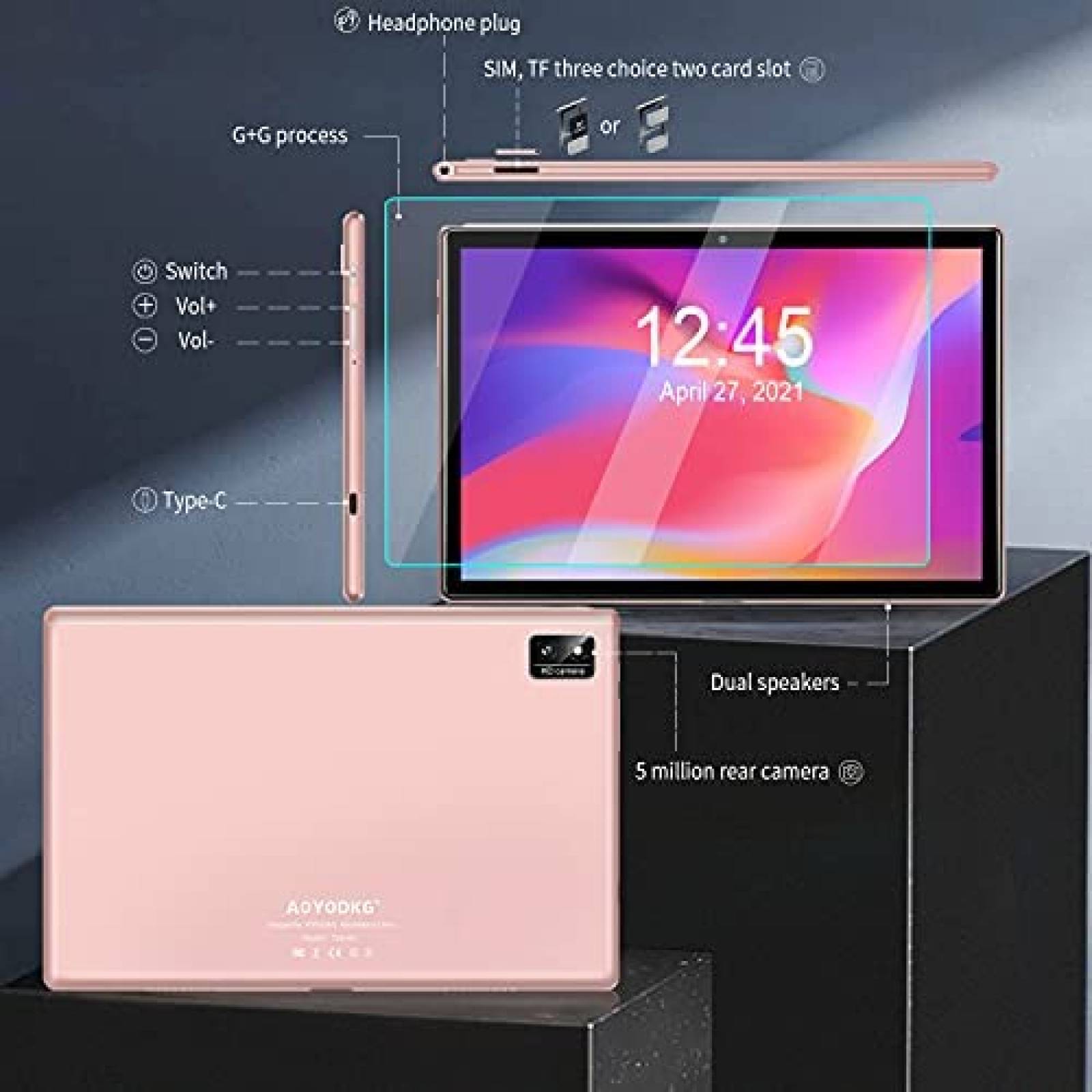 Tablet AOYODKG 10'' IPS 5GB RAM 128GB 8 Core Sim Dual -Rosa