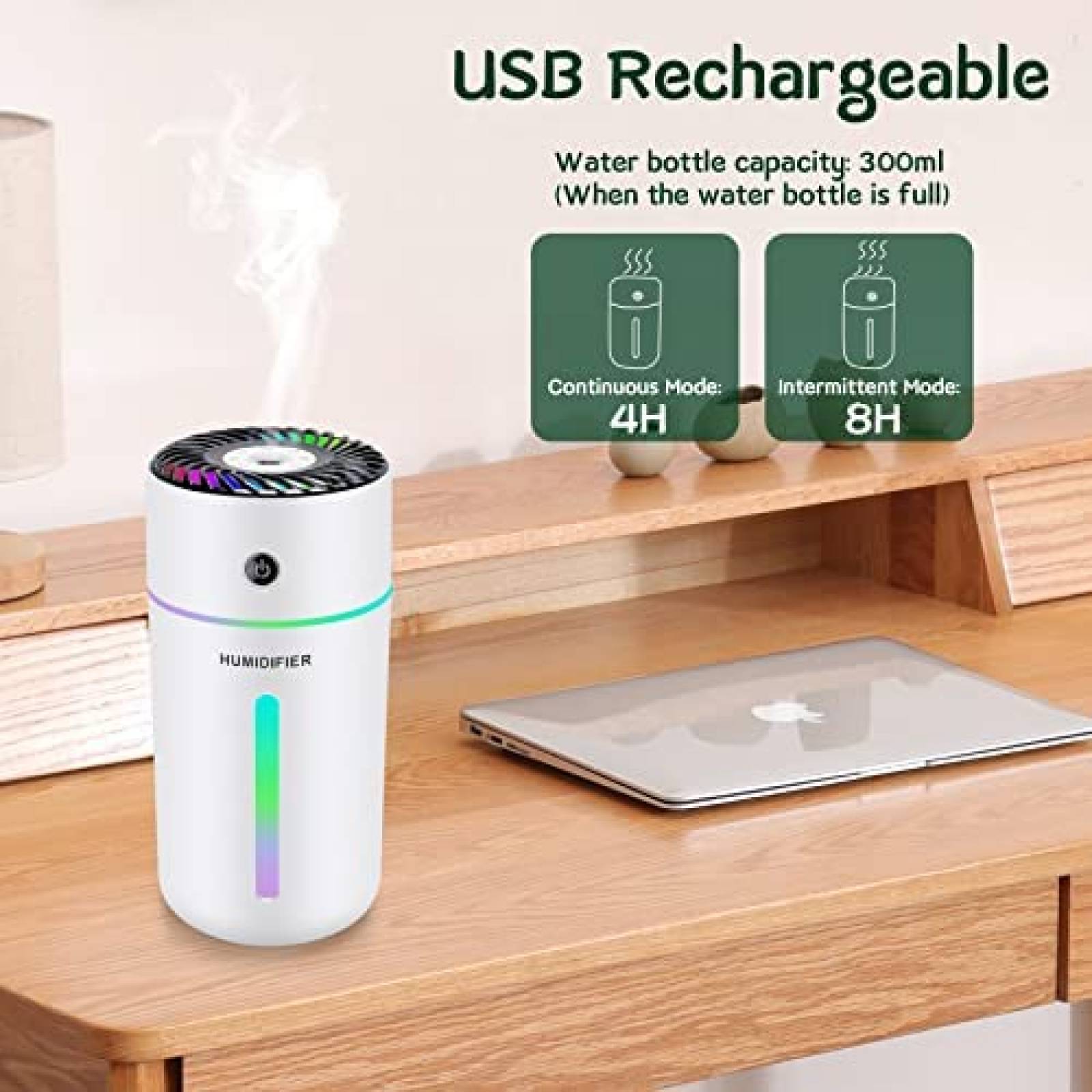 Humidificador Kivors 300ml Portatil Luz de Noche Bateria 8H
