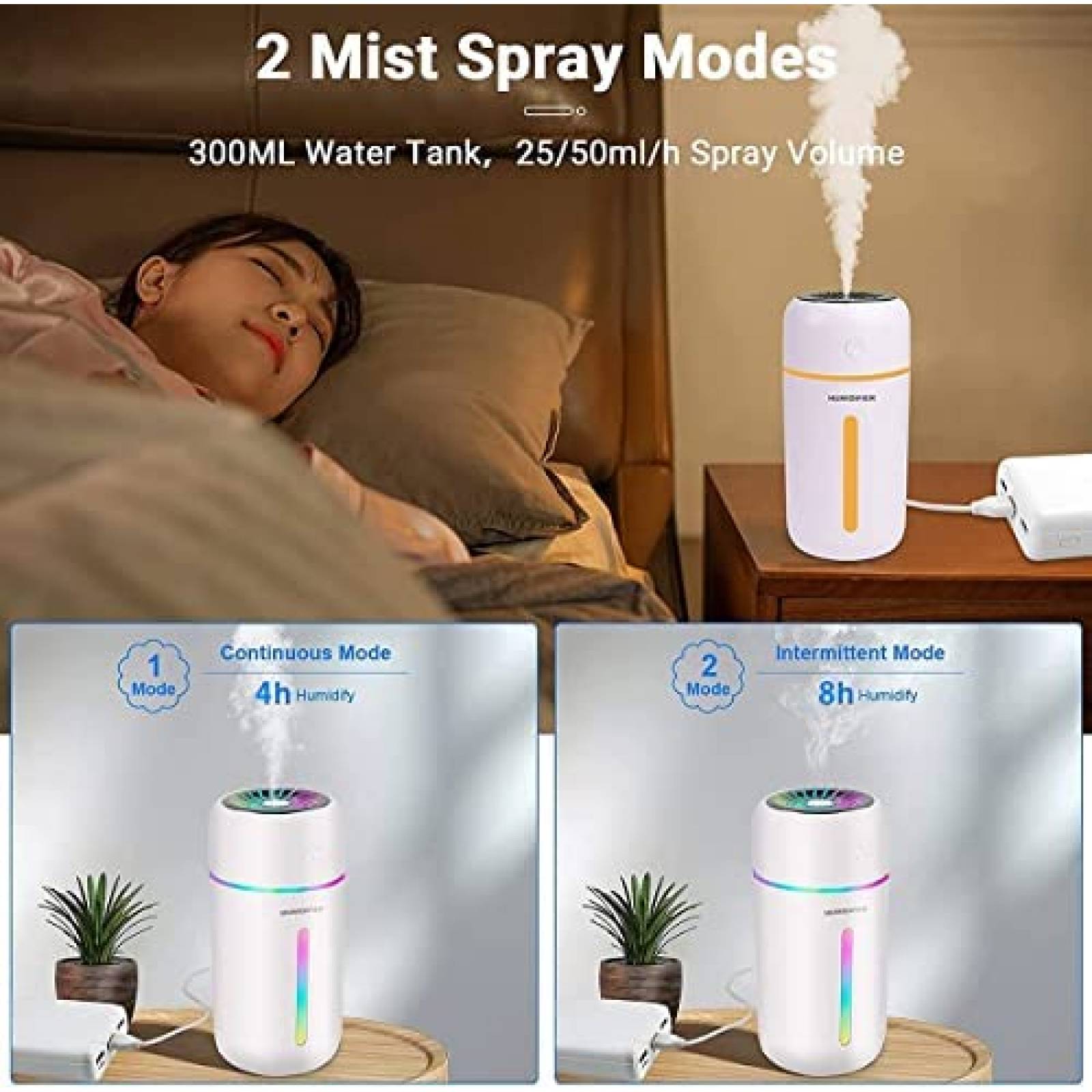 Humidificador Kivors 300ml Portatil Luz de Noche Bateria 8H