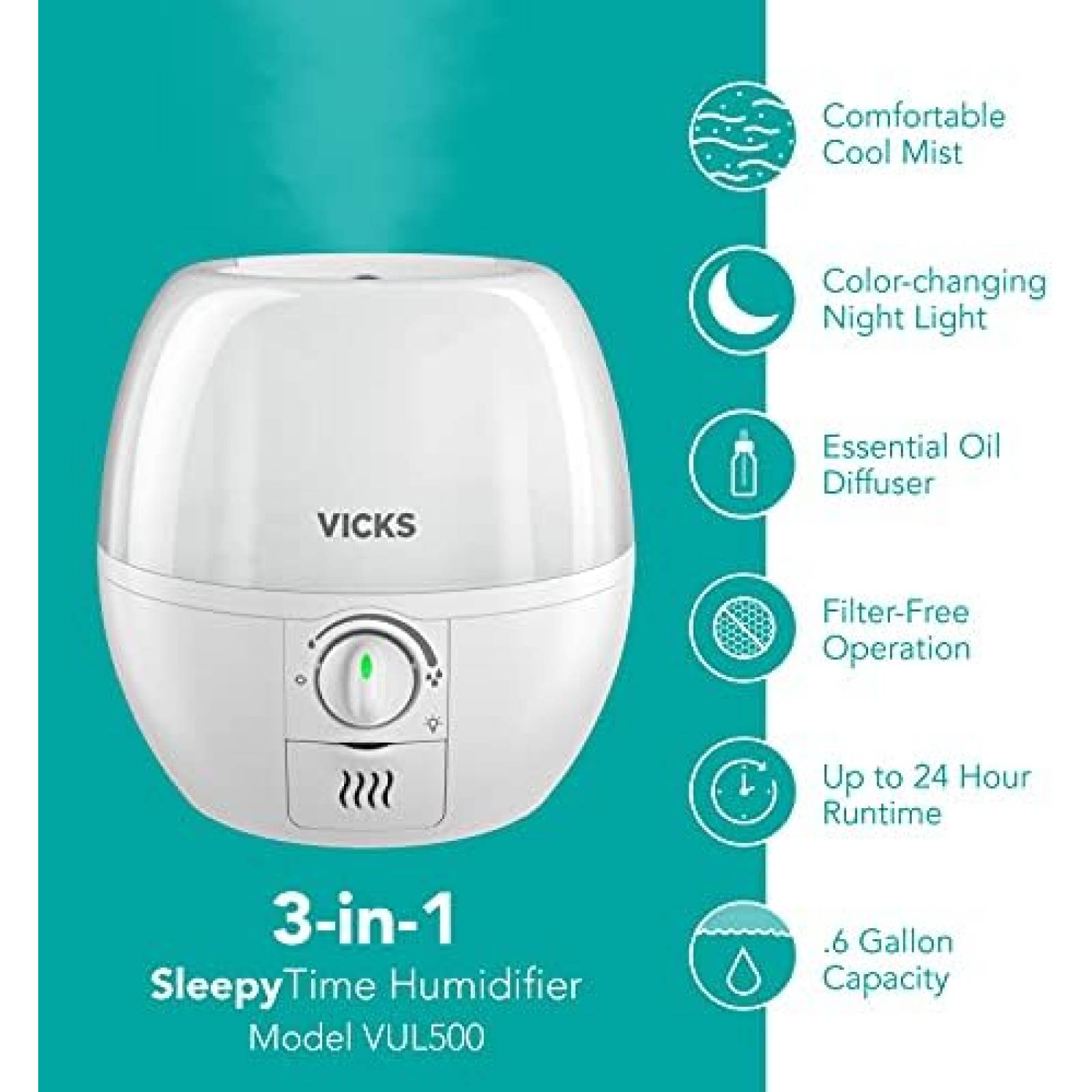 Humidificador Vicks VUL500 Con Difusor Luz Nocturna -Blanco