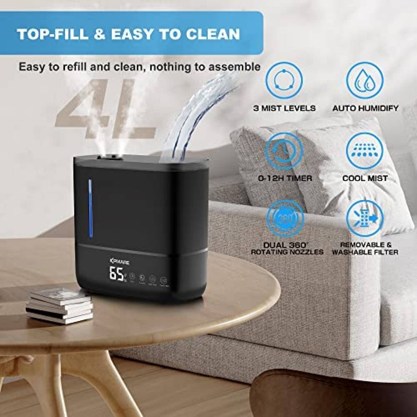 Humidificador KPMARE Niebla Fria 4 L Luz Nocturna -Negro