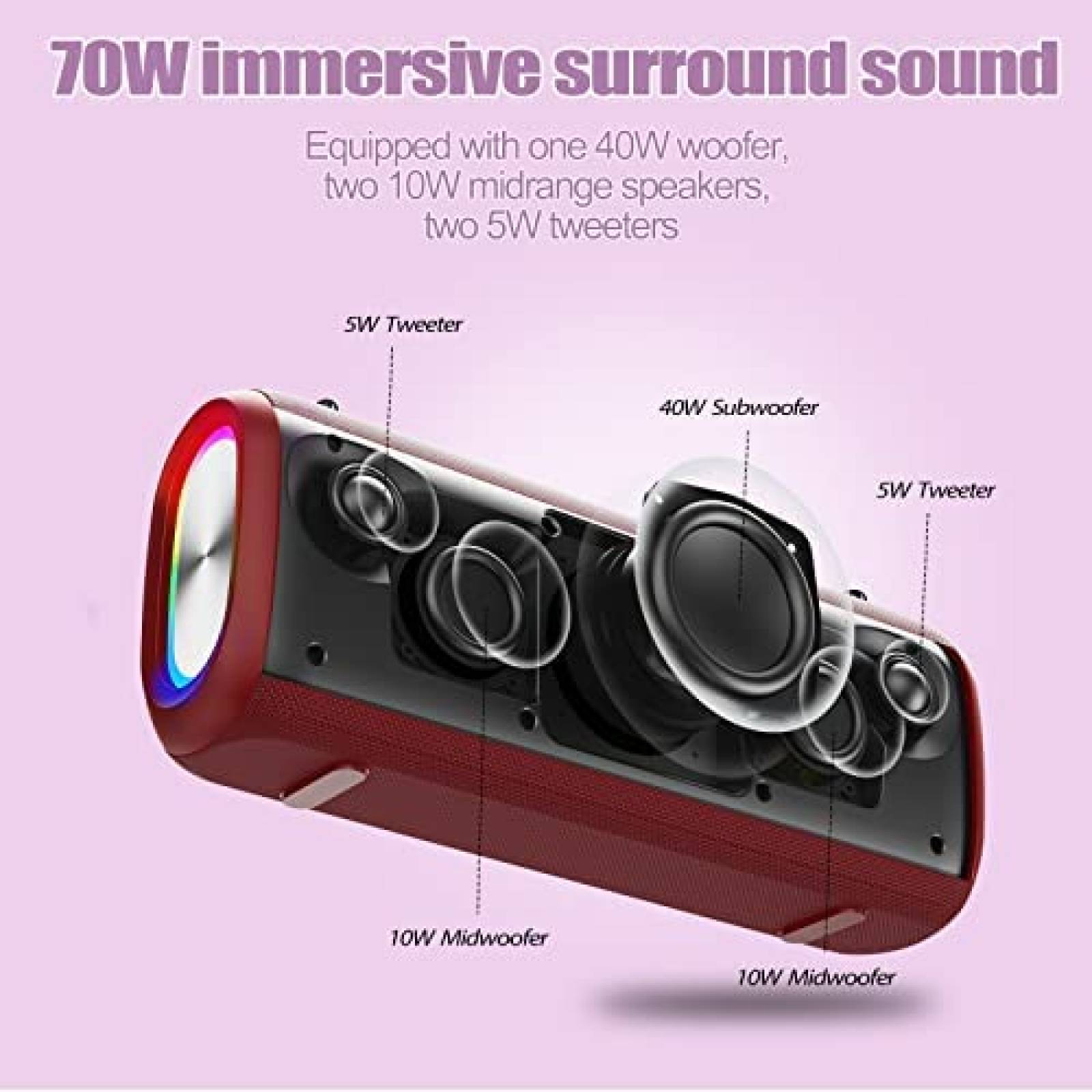 Bocina Portatil Muqj Bluetooth IPX5 70W -Rojo Vino