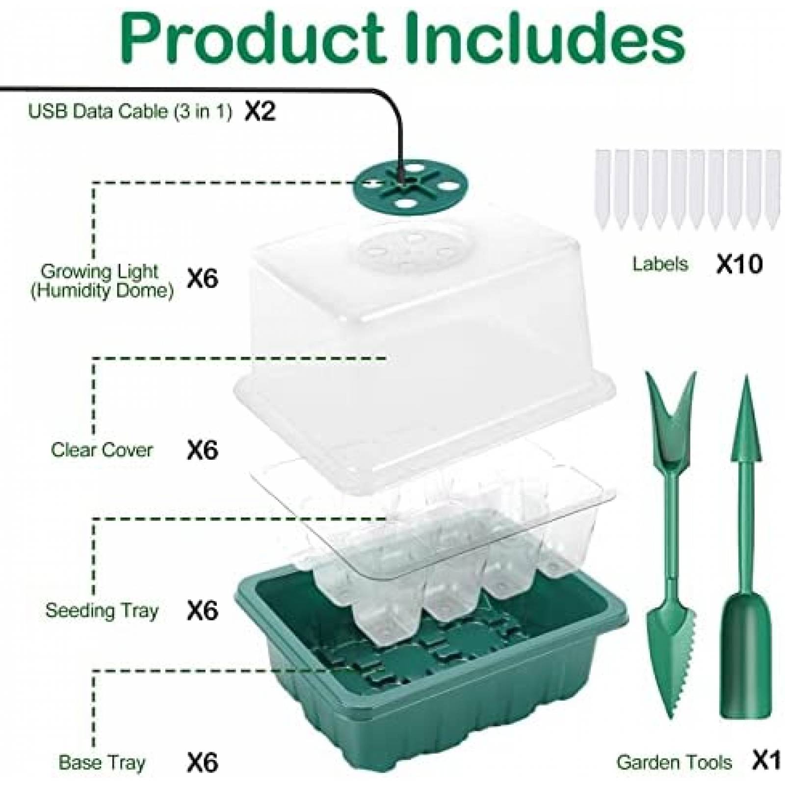 6 Pack Charola Germinador Yskea 72 Semilleros LED Ventila