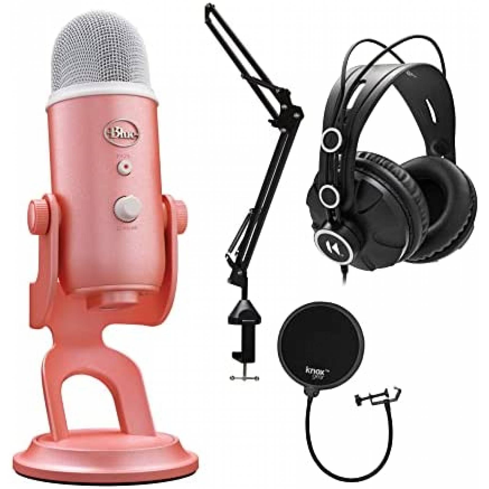 Kit Microfono Yeti Blue Con Soporte Filtro y Audifonos -Rosa