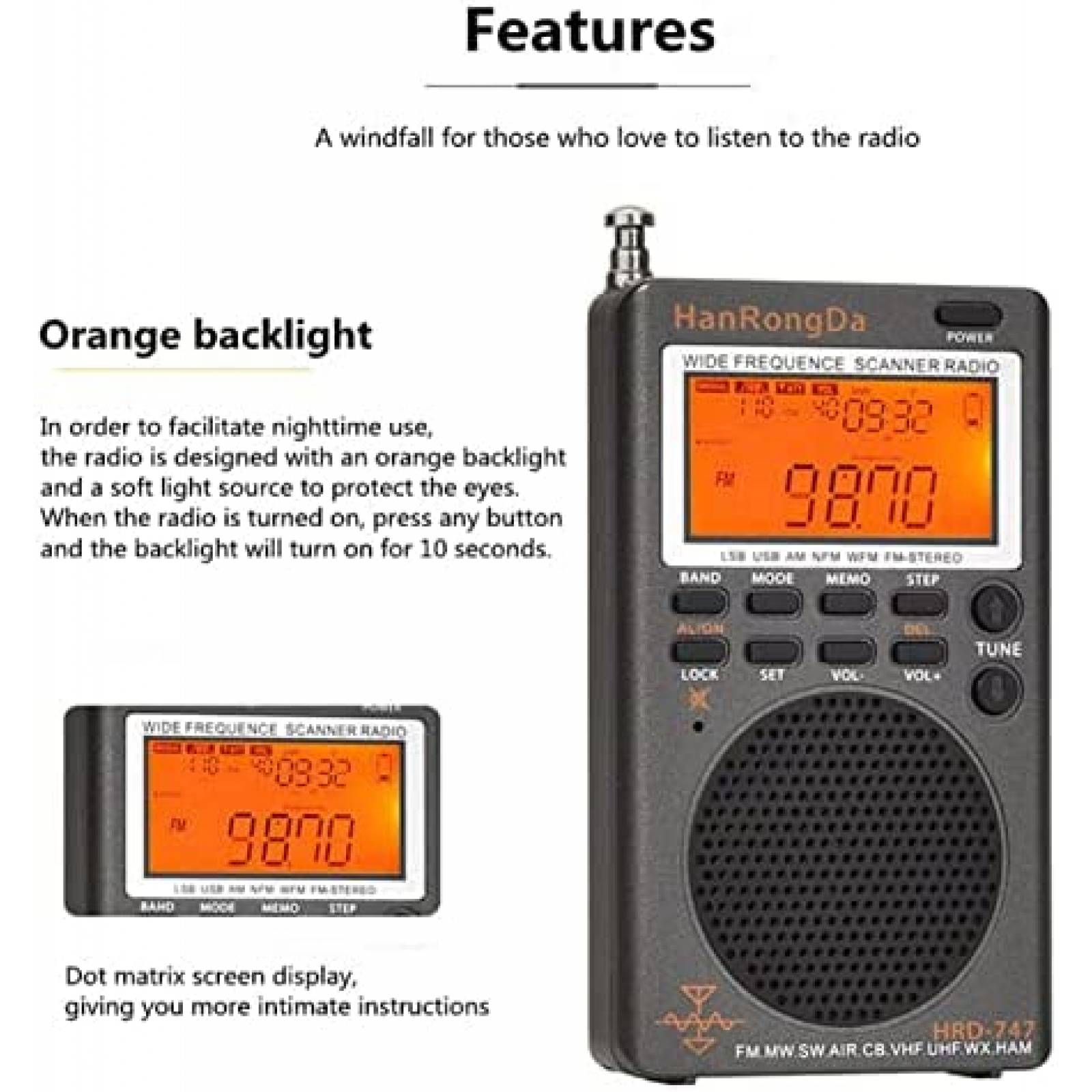 Radio de Onda Corta HanRongDa HDR747 9.7 pies -Negro