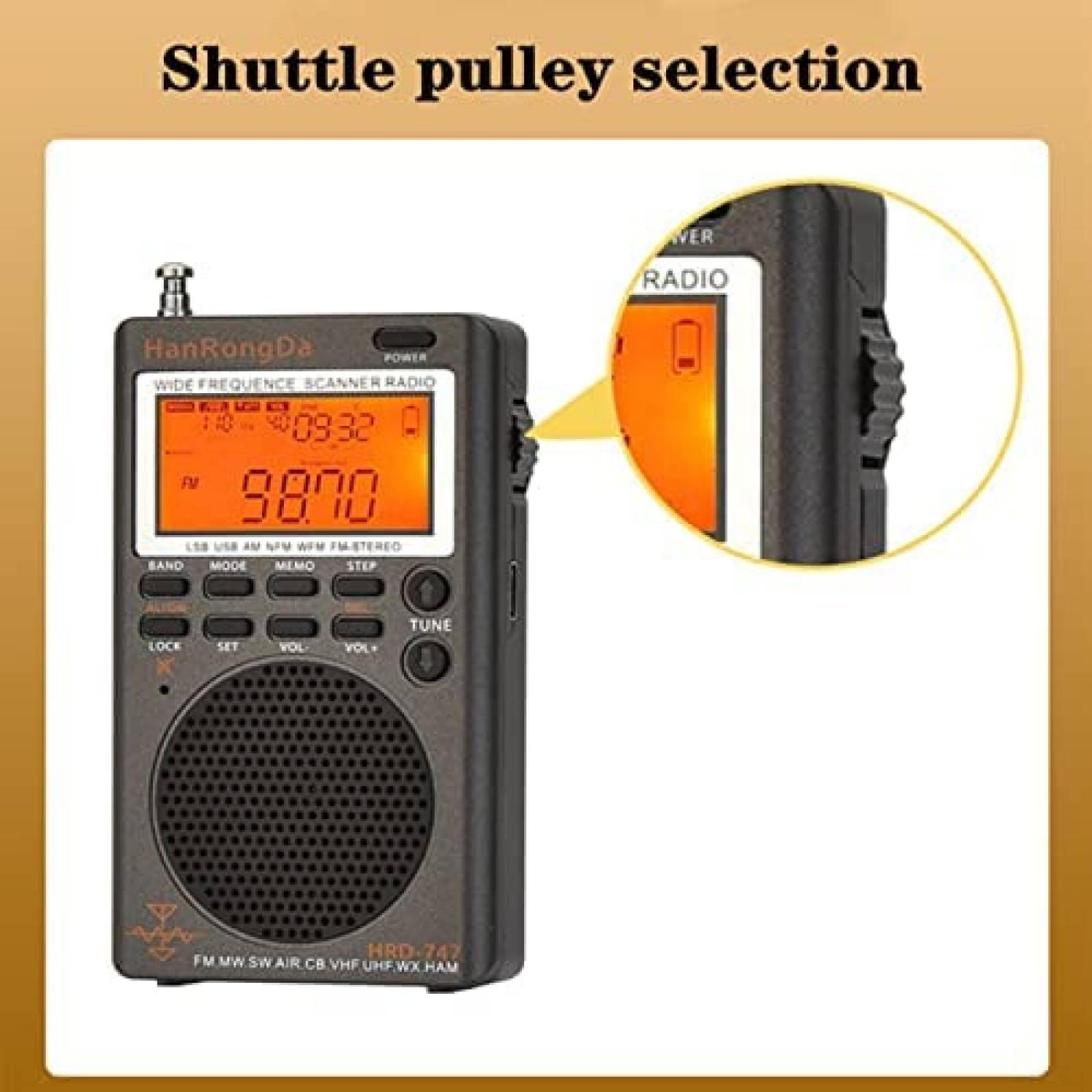 Radio de Onda Corta HanRongDa HDR747 9.7 pies -Negro