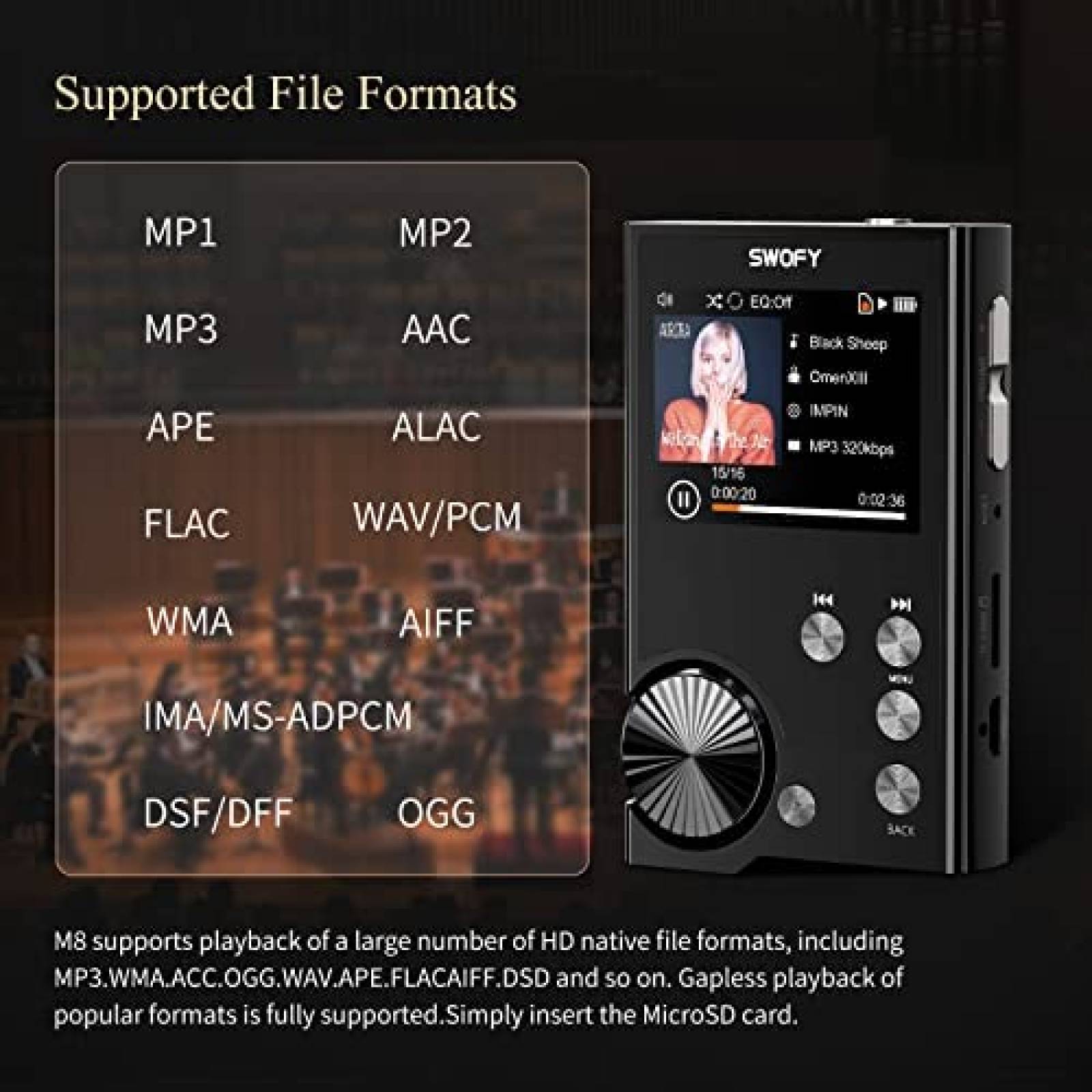 Reproductor De MP3 Swofy 2" HiFi 128GB De Memoria -Negro
