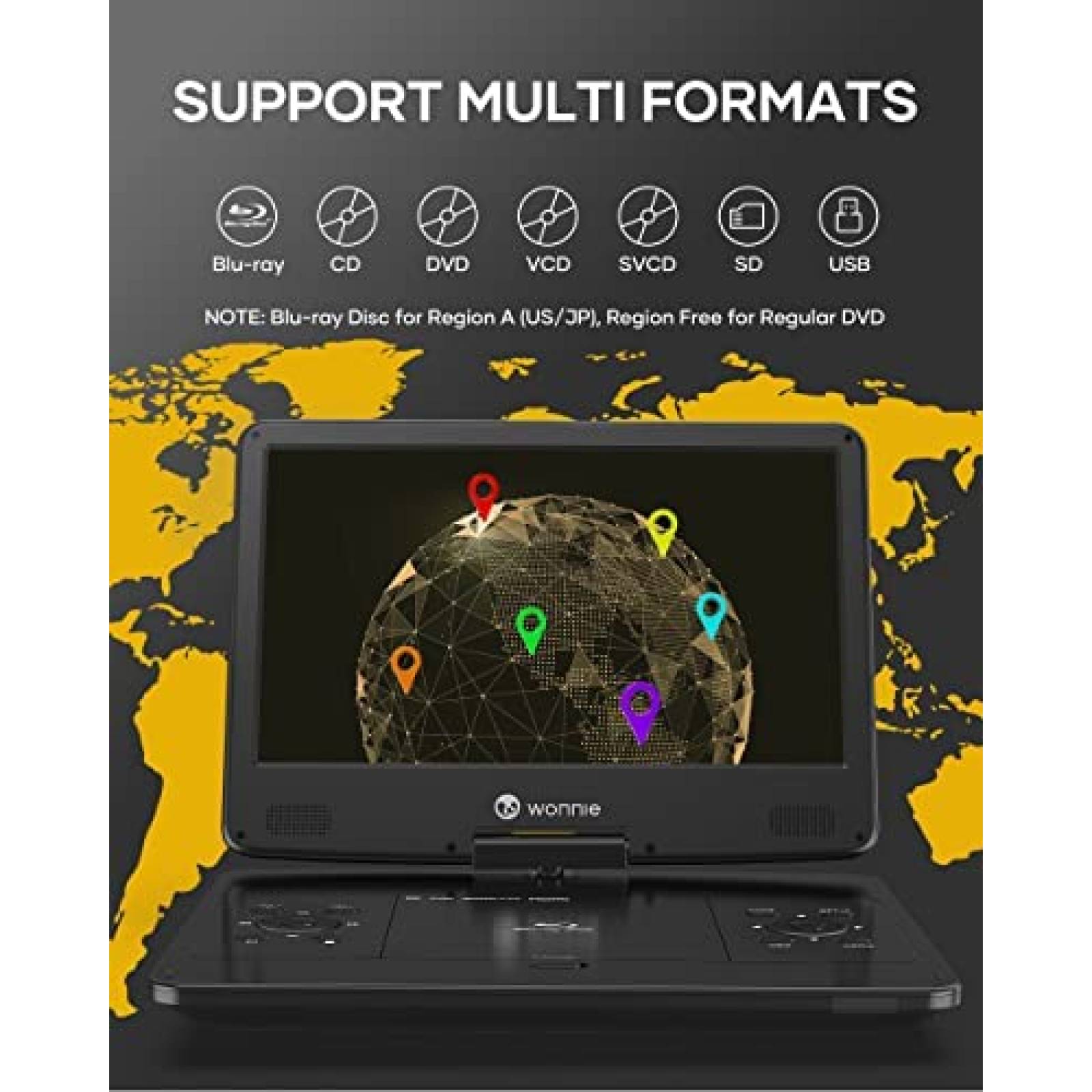 Reproductor Portatil Blu Ray DVD WONNIE 14.1 1080p 4 Hrs Neg
