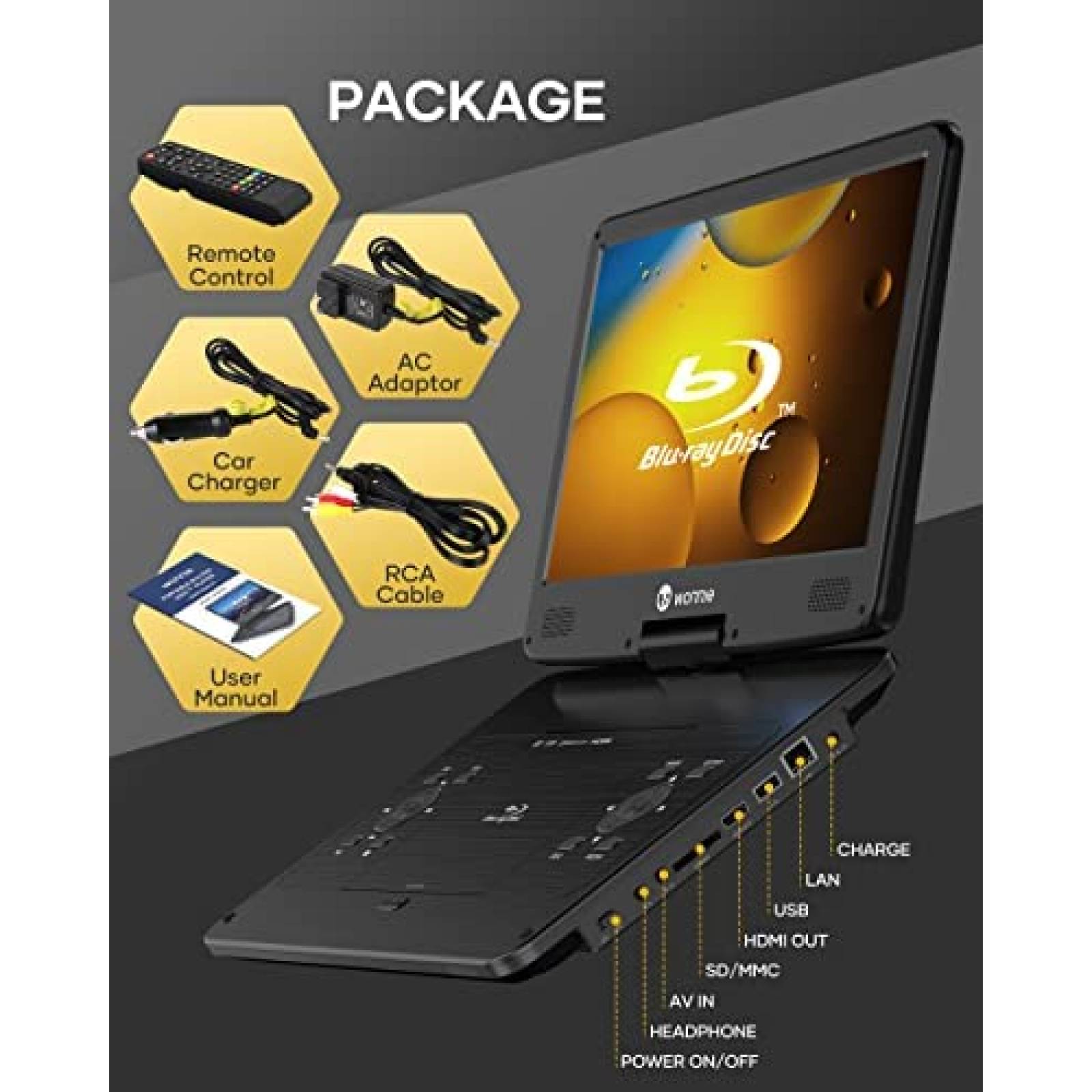 Reproductor Portatil Blu Ray DVD WONNIE 14.1 1080p 4 Hrs Neg