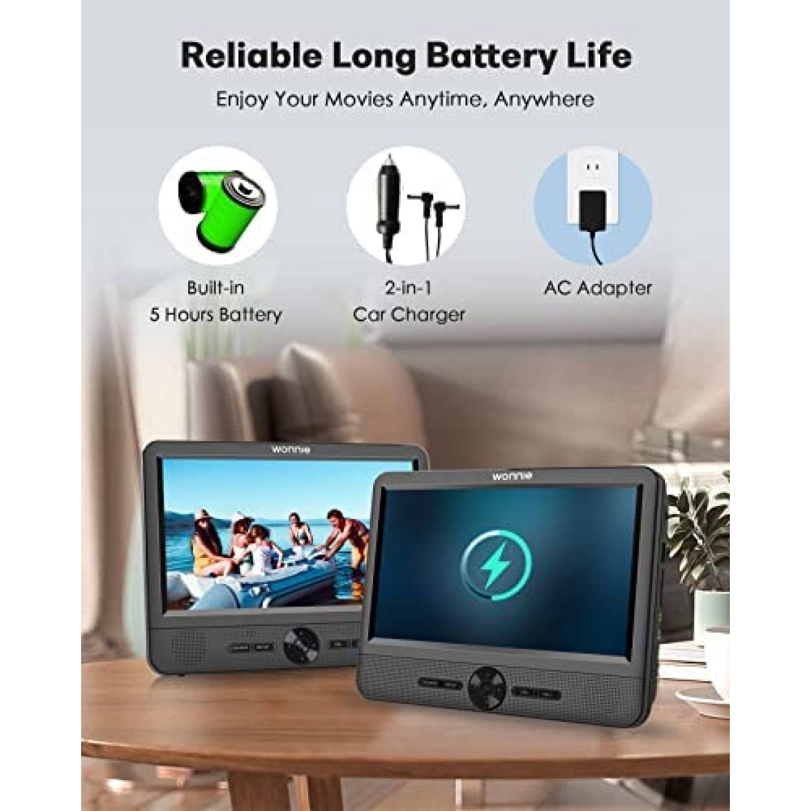 DVD Portatil WONNIE W-3015 10" Recargable 2 Piezas -Negro