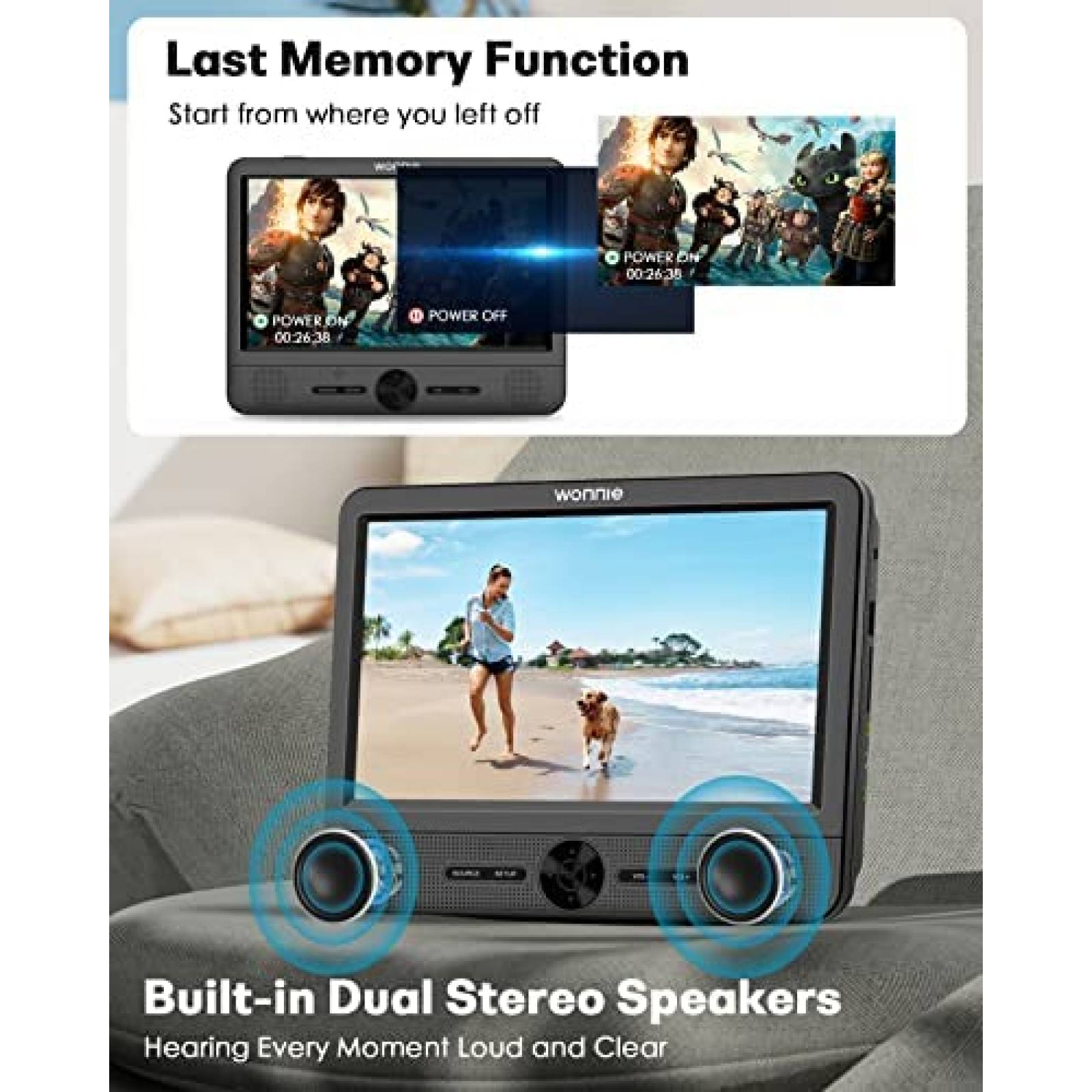 DVD Portatil WONNIE W-3015 10" Recargable 2 Piezas -Negro