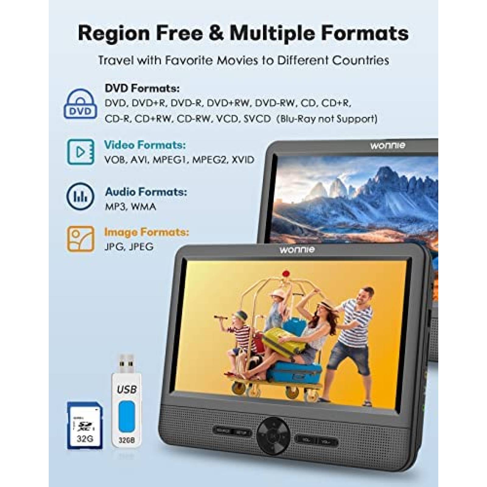 DVD Portatil WONNIE W-3015 10" Recargable 2 Piezas -Negro