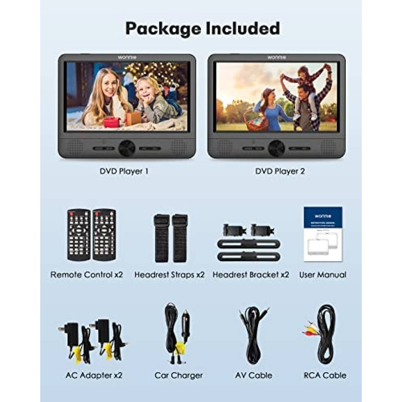 DVD Portatil WONNIE W-3015 10" Recargable 2 Piezas -Negro