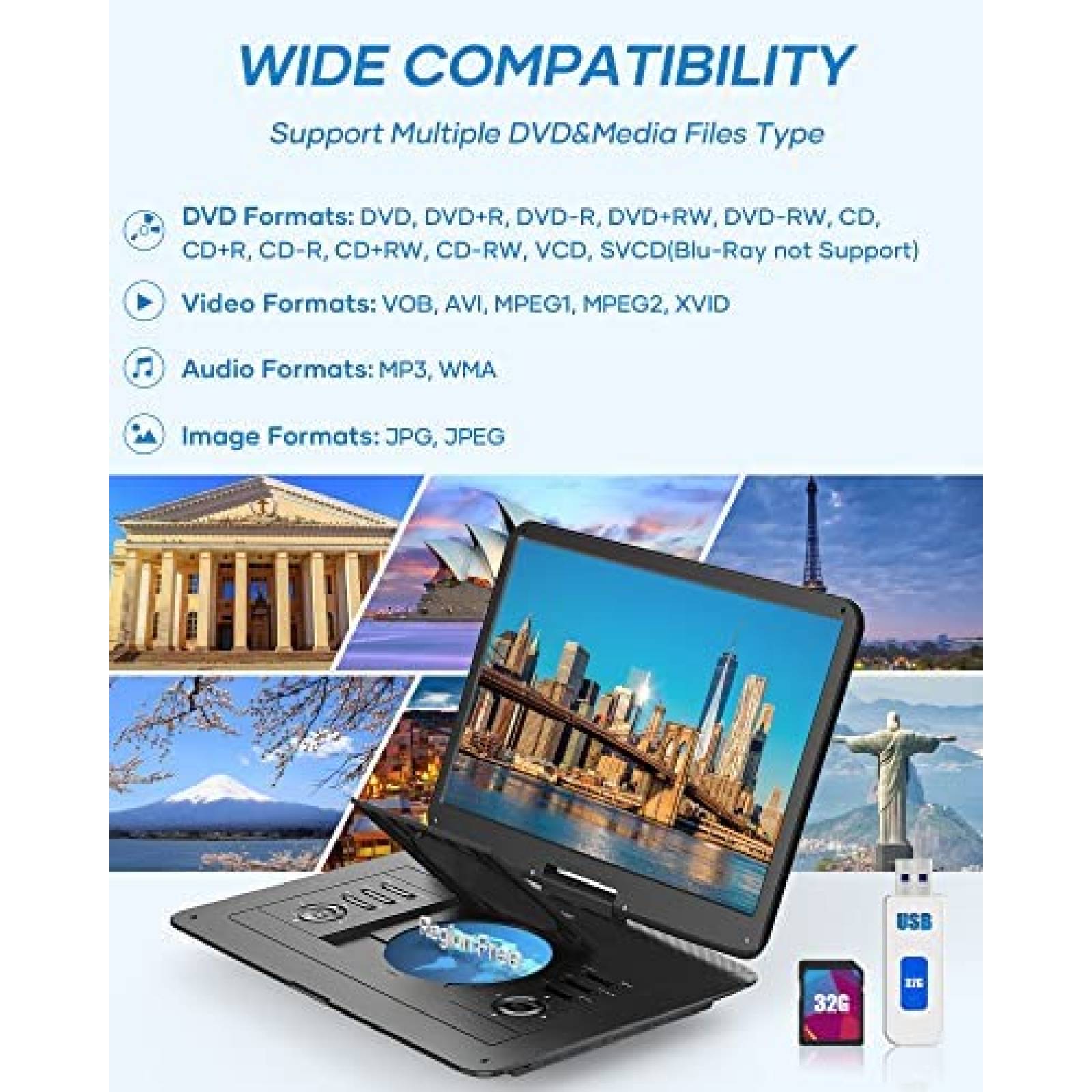 DVD portatil WONNIE 17.9'' Recargable 6 hrs USB/SD Control