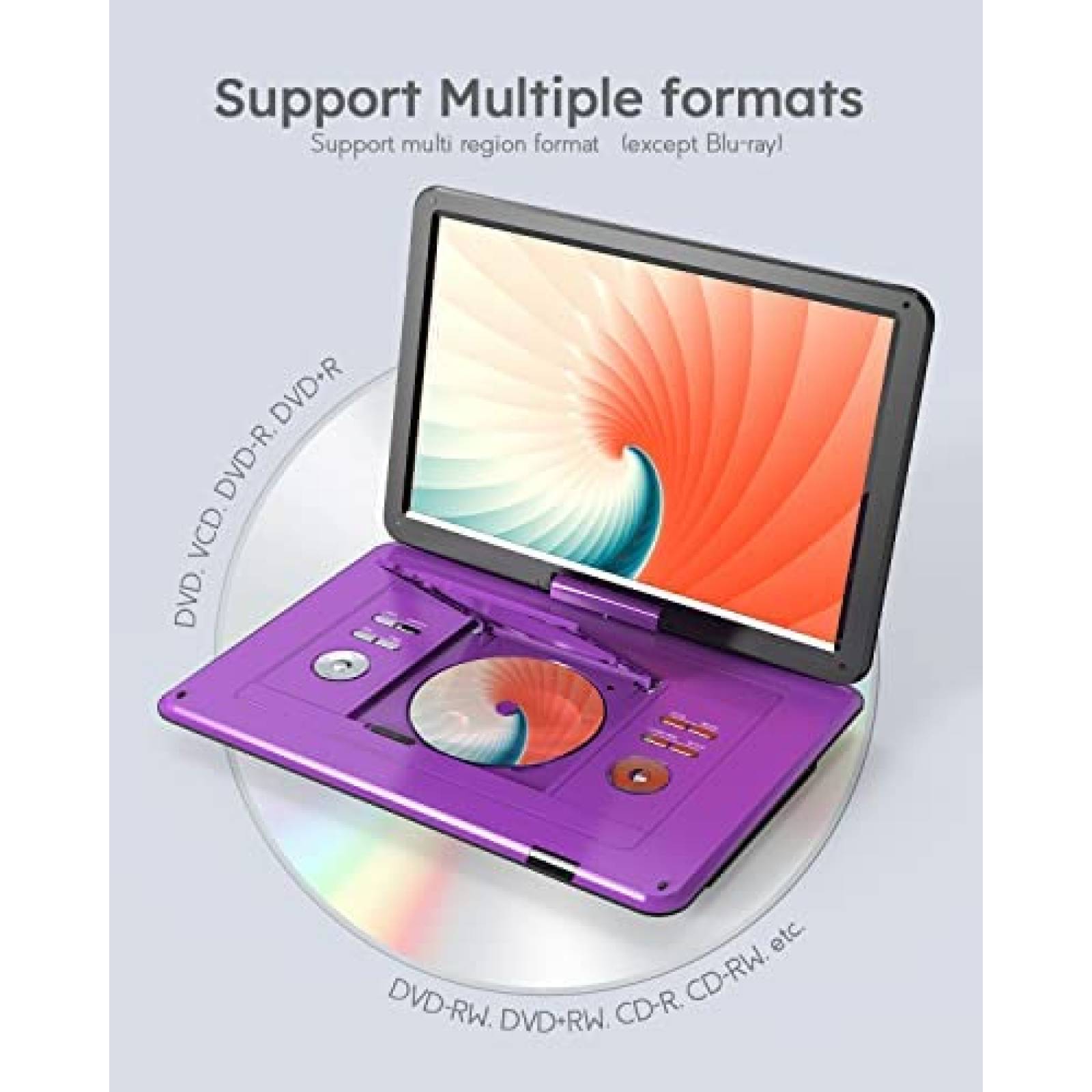 Reproductor DVD Portatil BOIFUN 15.6" USB SD Sync TV -Morado