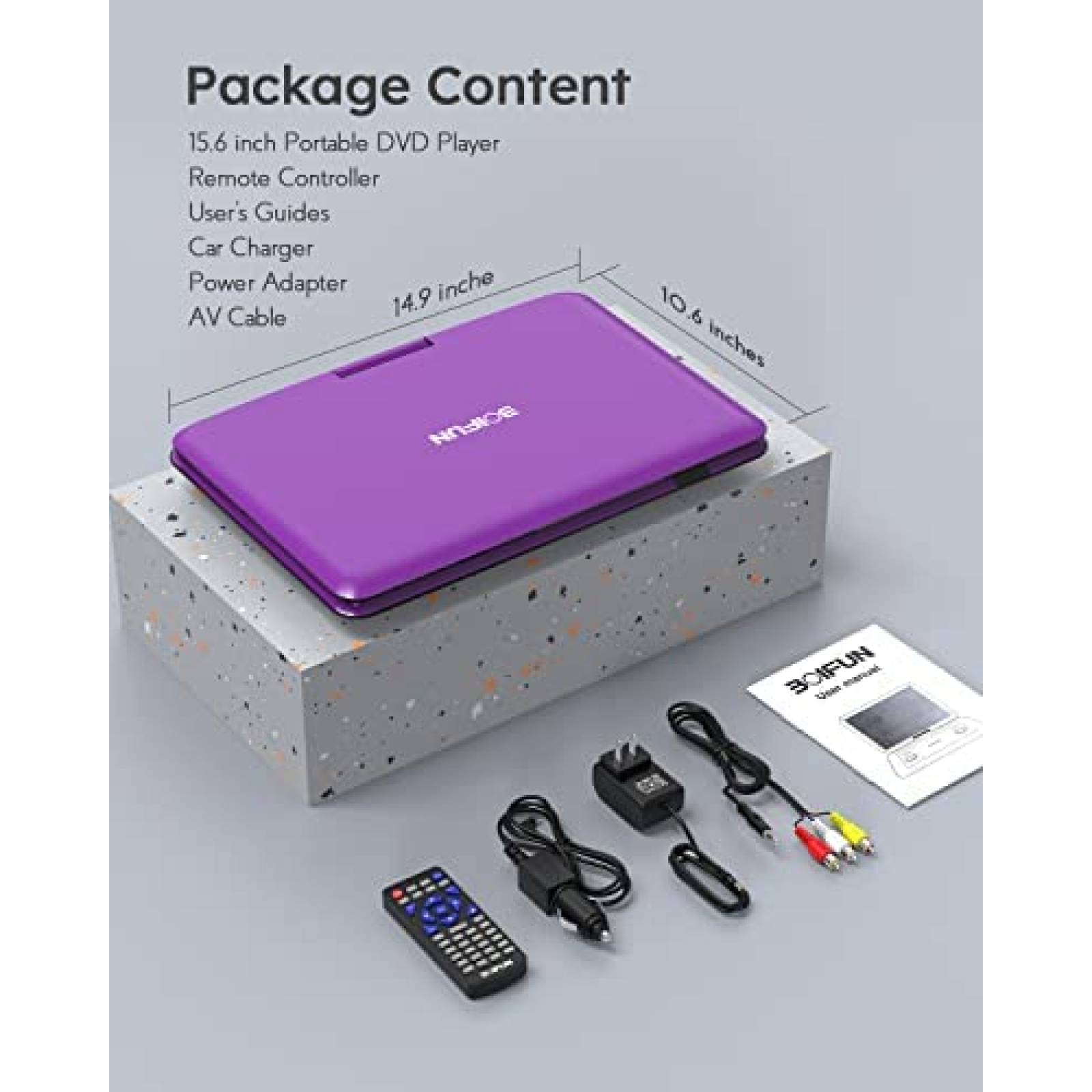 Reproductor DVD Portatil BOIFUN 15.6" USB SD Sync TV -Morado