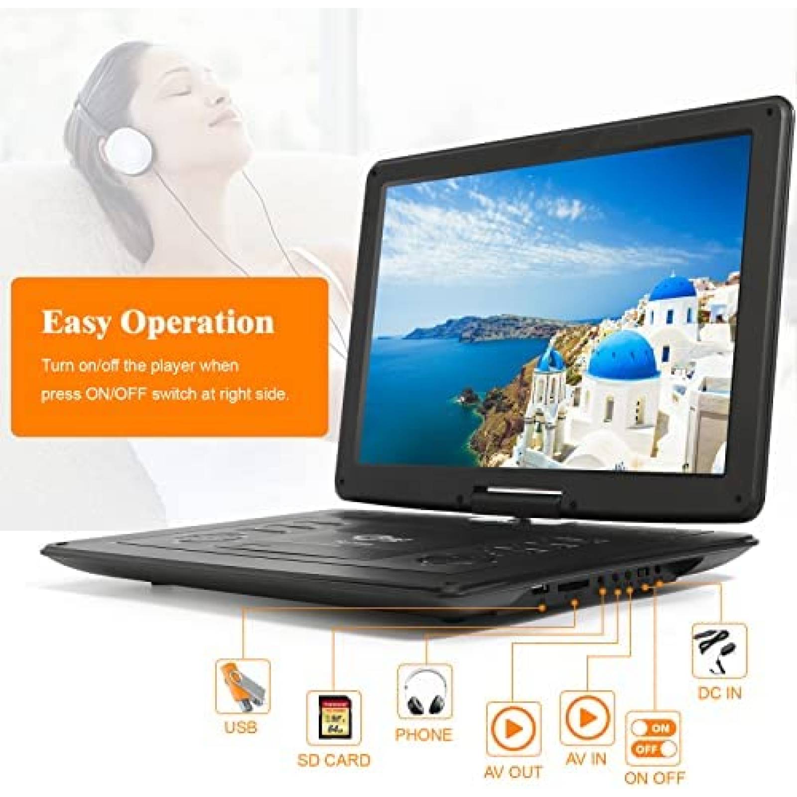 DVD Portatil PJGCWB Multiregion 17.9'' Giratoria USB SD