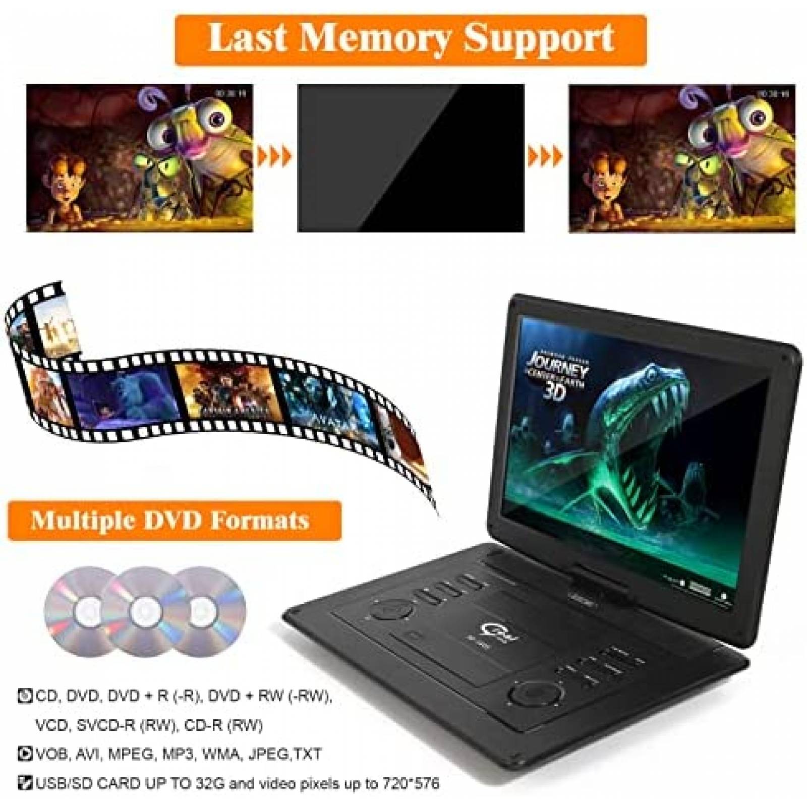 DVD Portatil PJGCWB Multiregion 17.9'' Giratoria USB SD