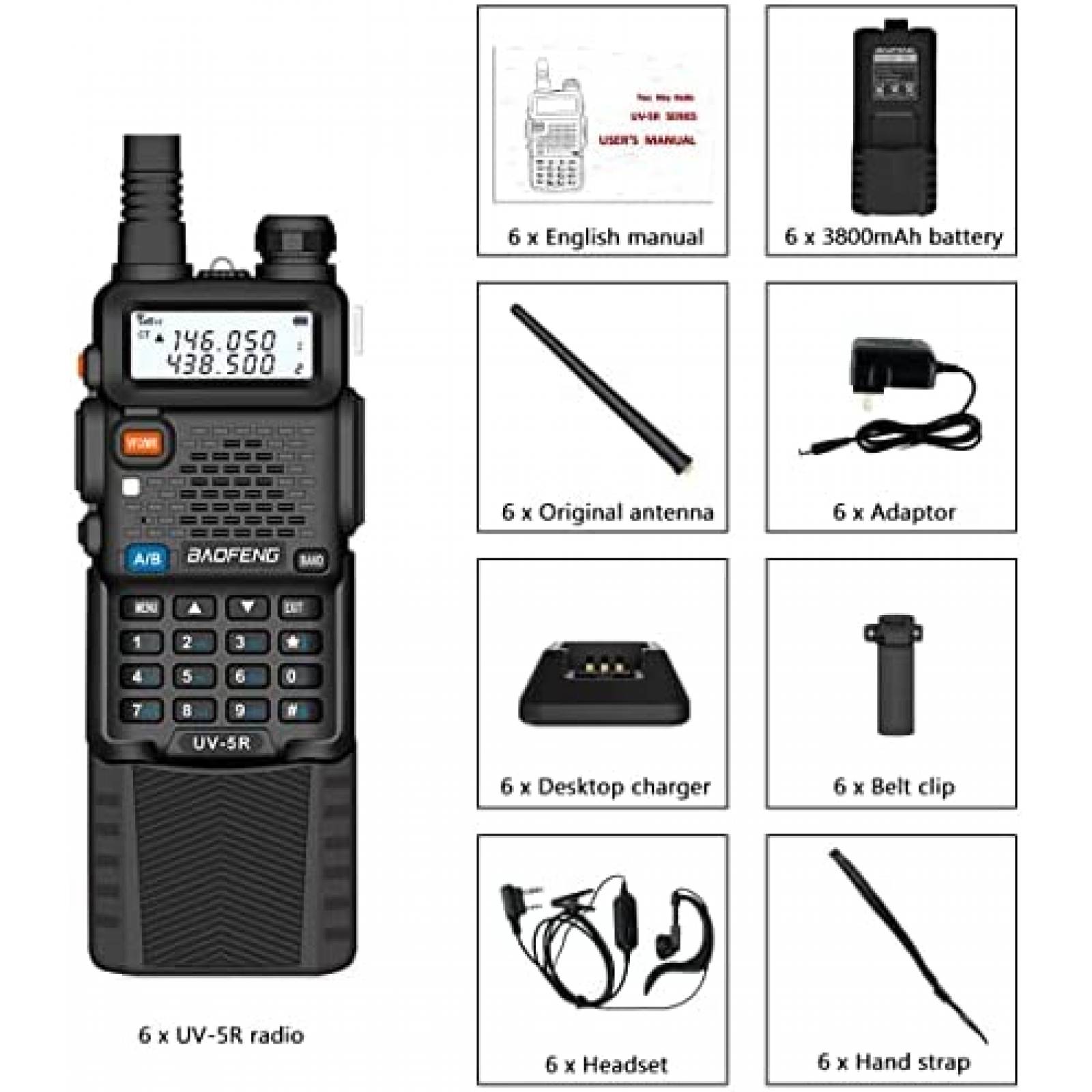 Radio Baofeng UV-5R 2 Vias VHF UHF 3800mAh Paquete 6 -Negro