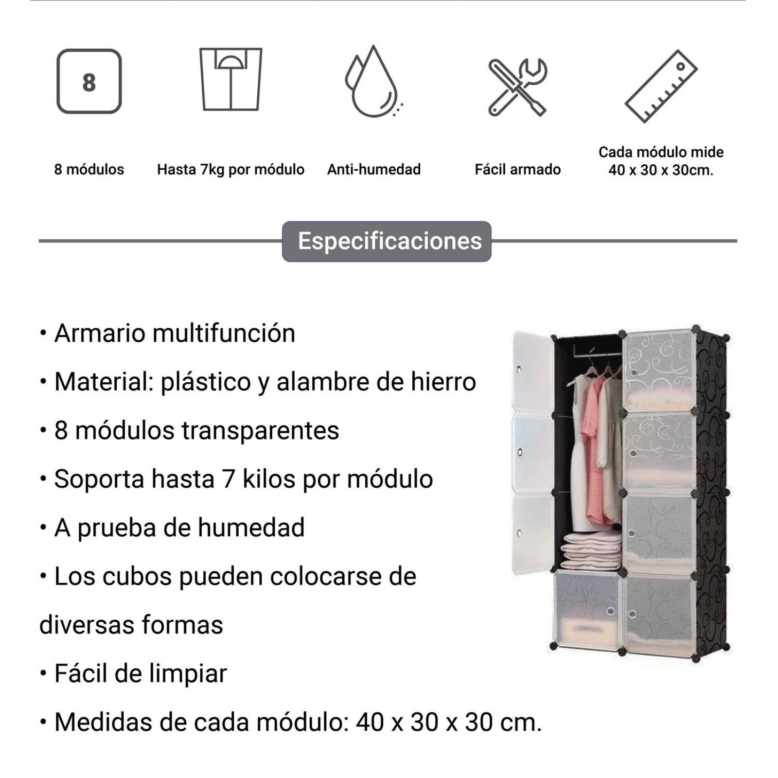Closet Armario Multifuncion 8 Moldulos Transparente Desarmable