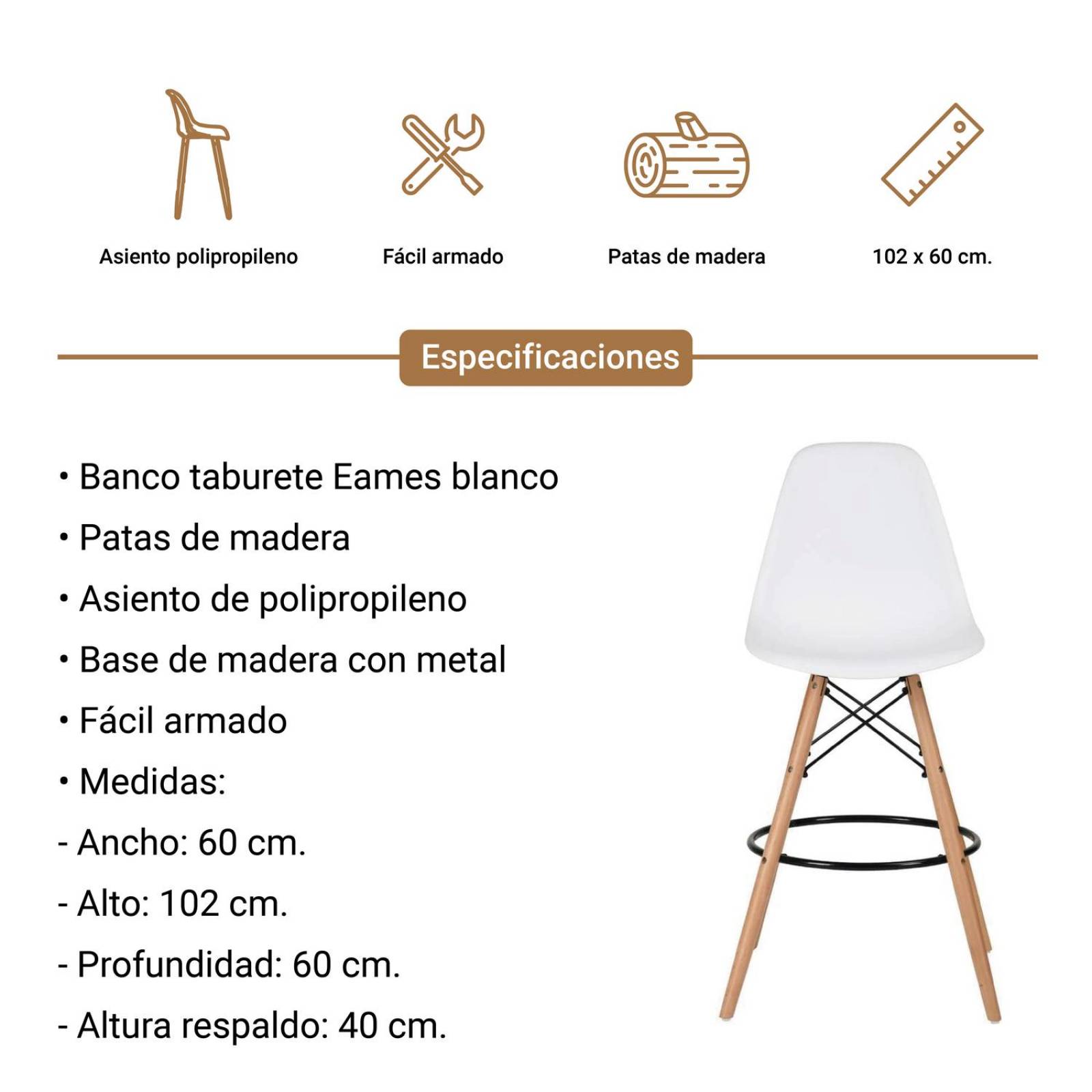 Silla Taburete De Bar Moderno Tipo Eames Respaldo Alto Blanco