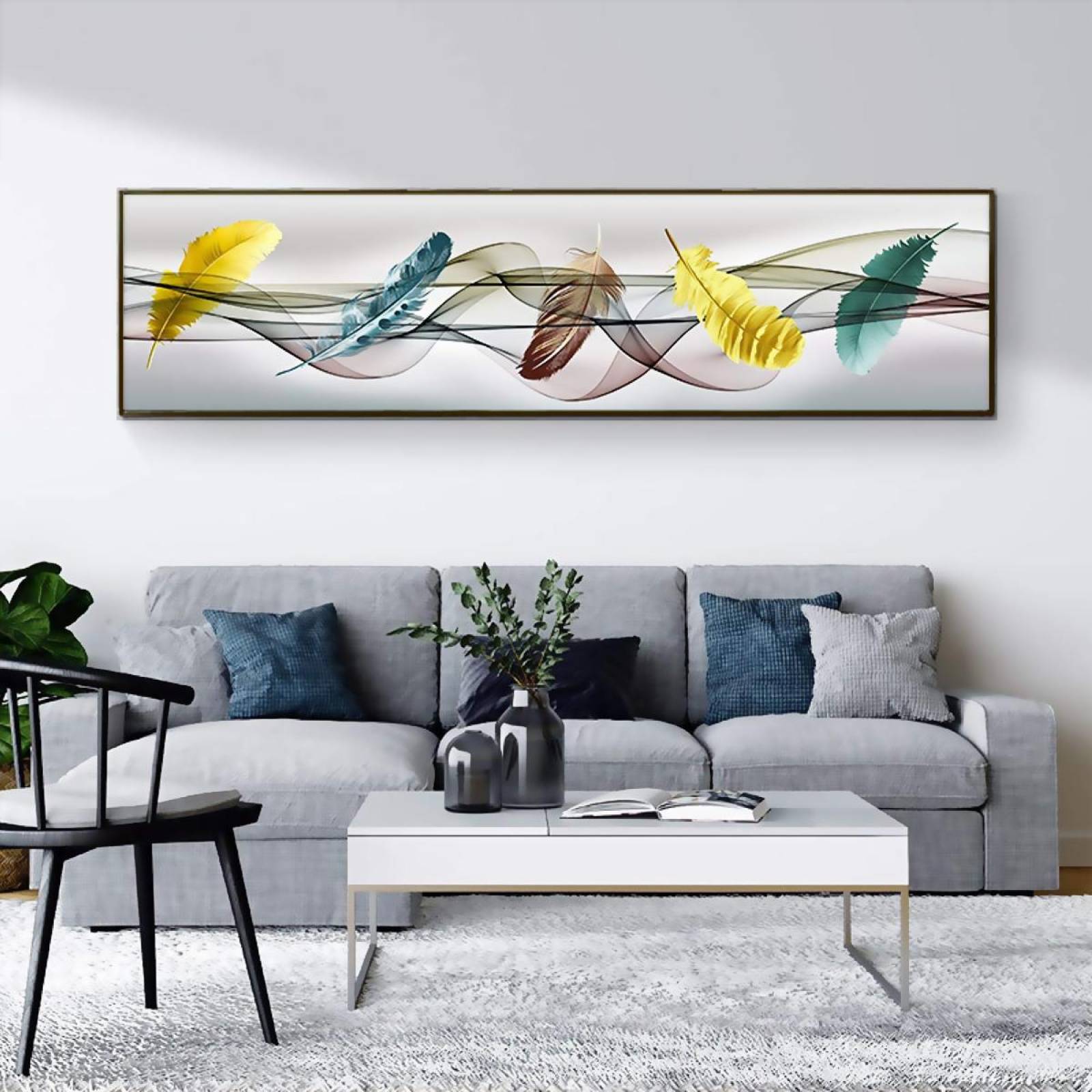 Cuadros Canvas Con Marco Sobre Lienzo Minimalista Abstracto 120x40Cm Plumas Pequeñas