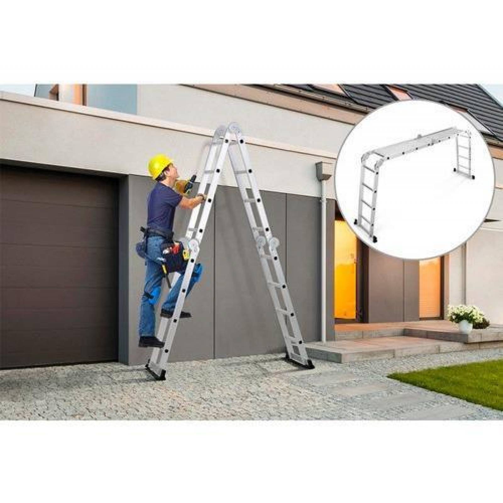 Escalera Aluminio Con Andamio Multiposiciones 16 Peldaños 