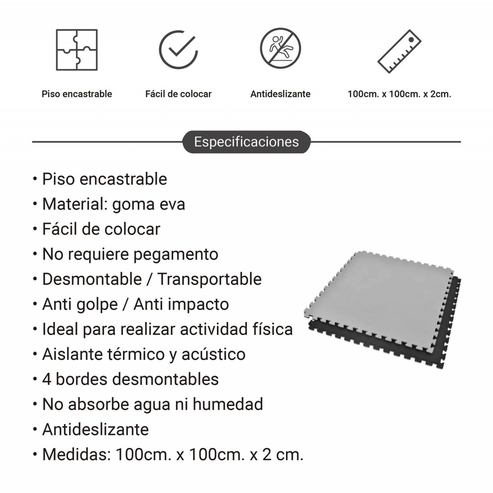 Piso Para Gimnasio Tapete Gym 100x100 X 2 Cm Ejercicio Fitness Negro - Gris Mediano