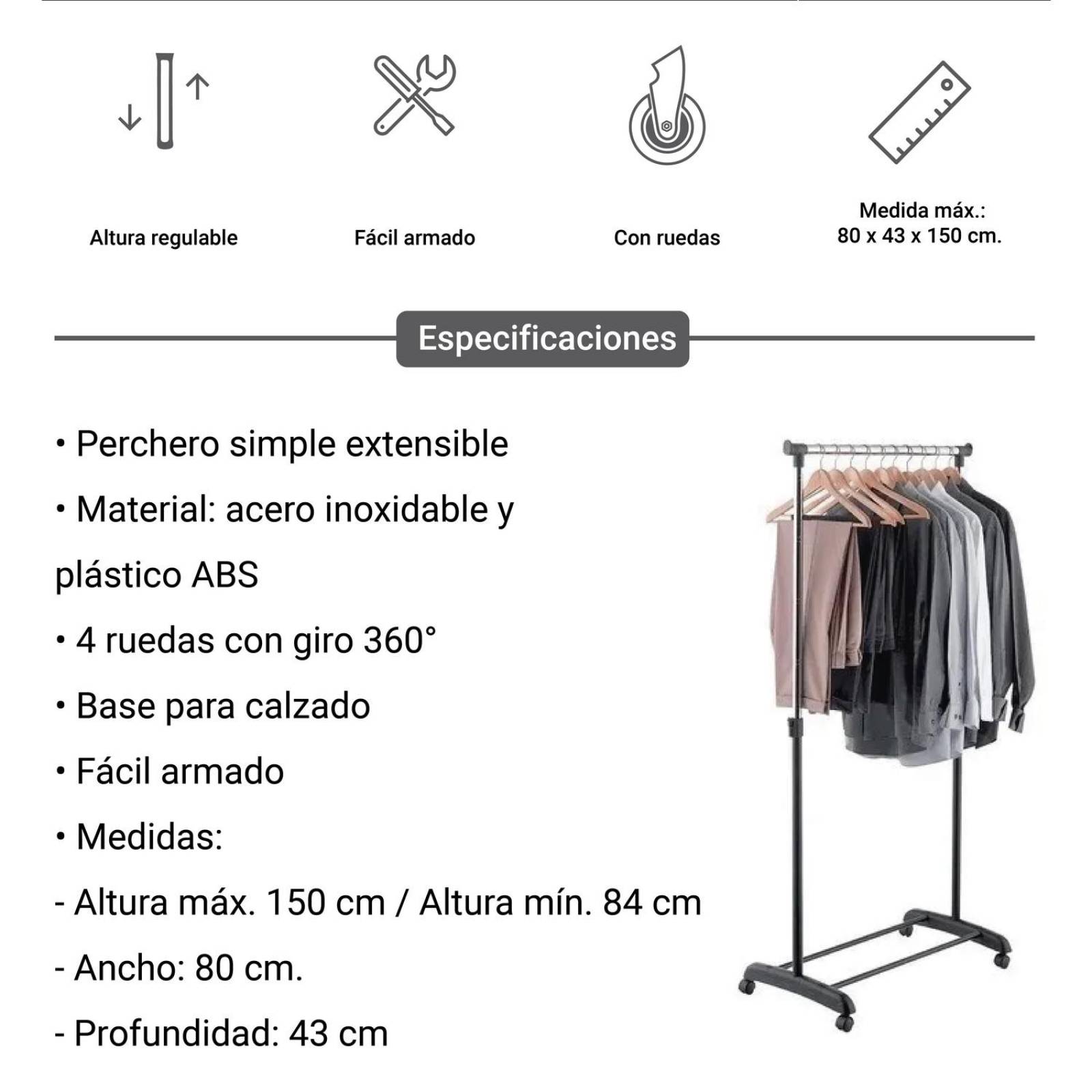Perchero Rack De Ropa Adjustable En Altura Con Ruedas 