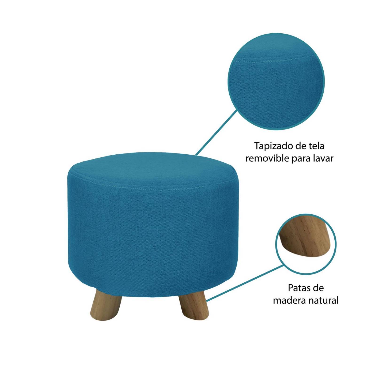 Banco Puff Banquito De Madera 4 Patas Tela Lisa Azul Chico