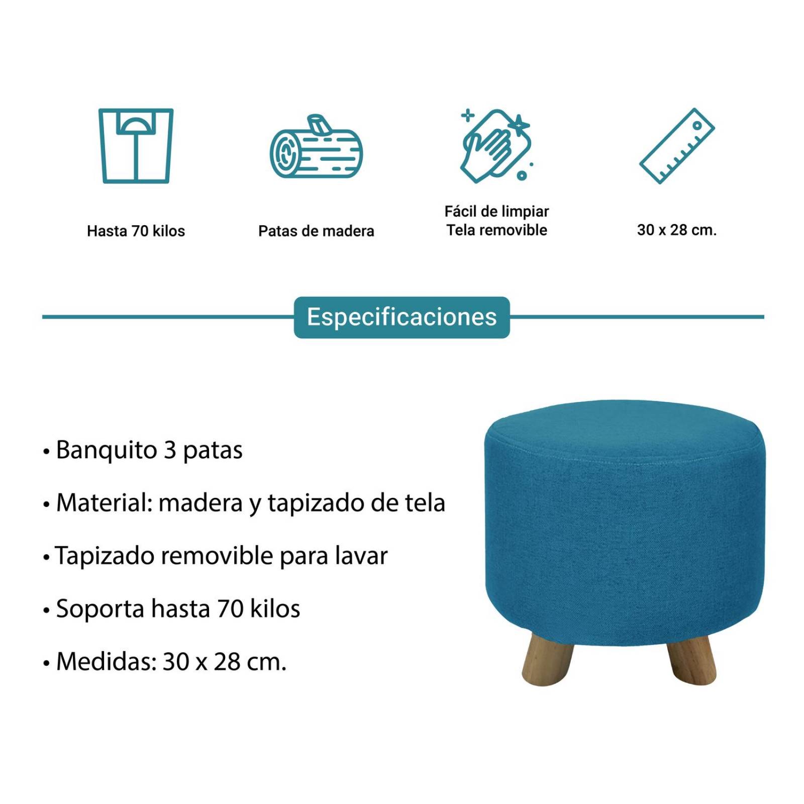 Banco Puff Banquito De Madera 4 Patas Tela Lisa Azul Chico