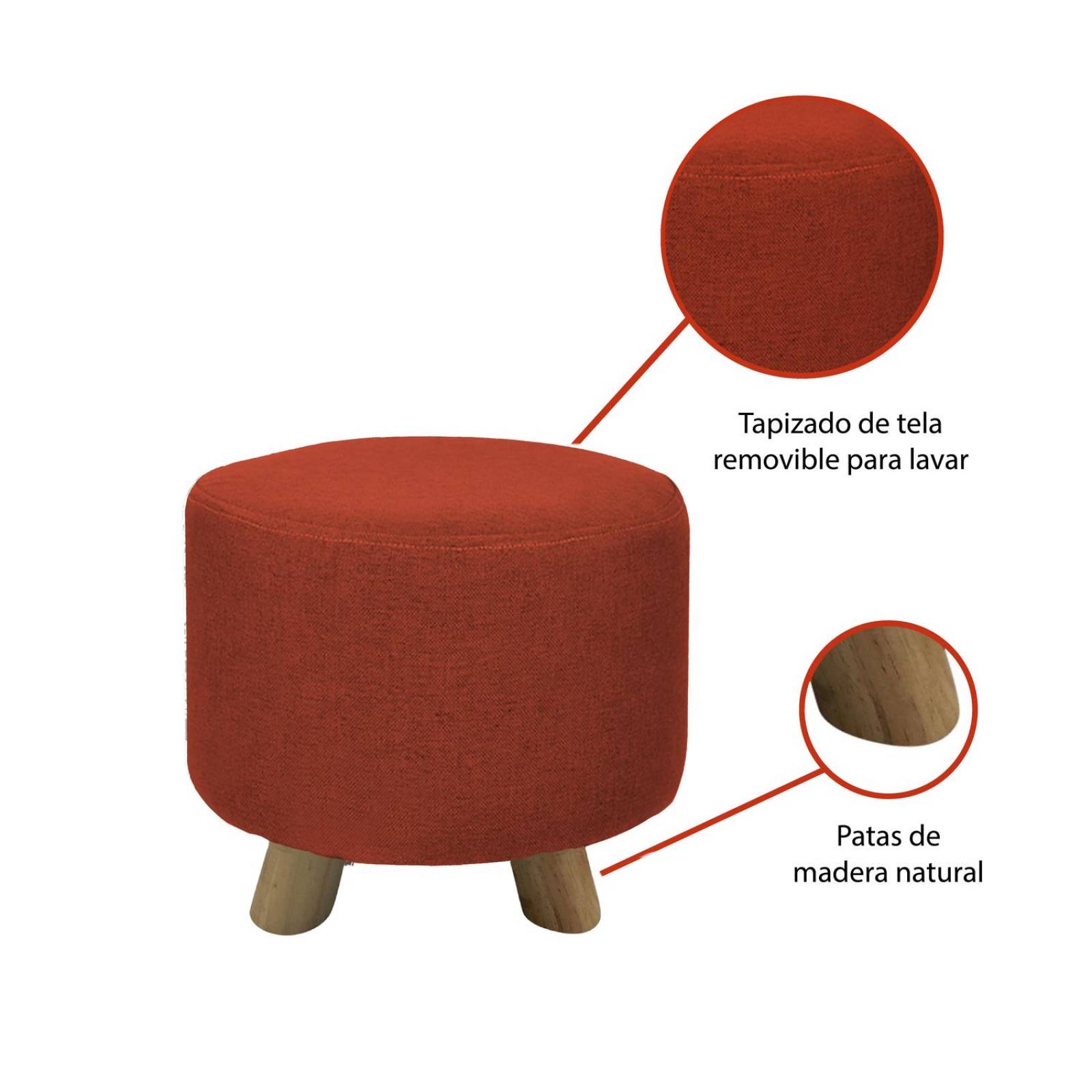 Banco Puff Banquito De Madera 4 Patas Tela Lisa Naranja Chico