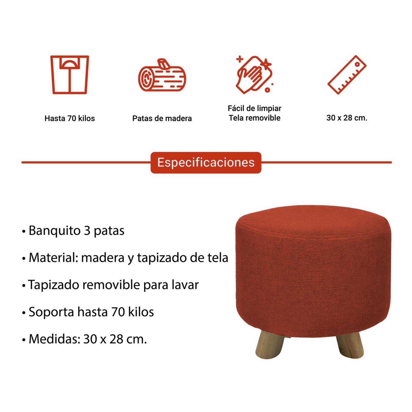 Banco Puff Banquito De Madera 4 Patas Tela Lisa Naranja Chico