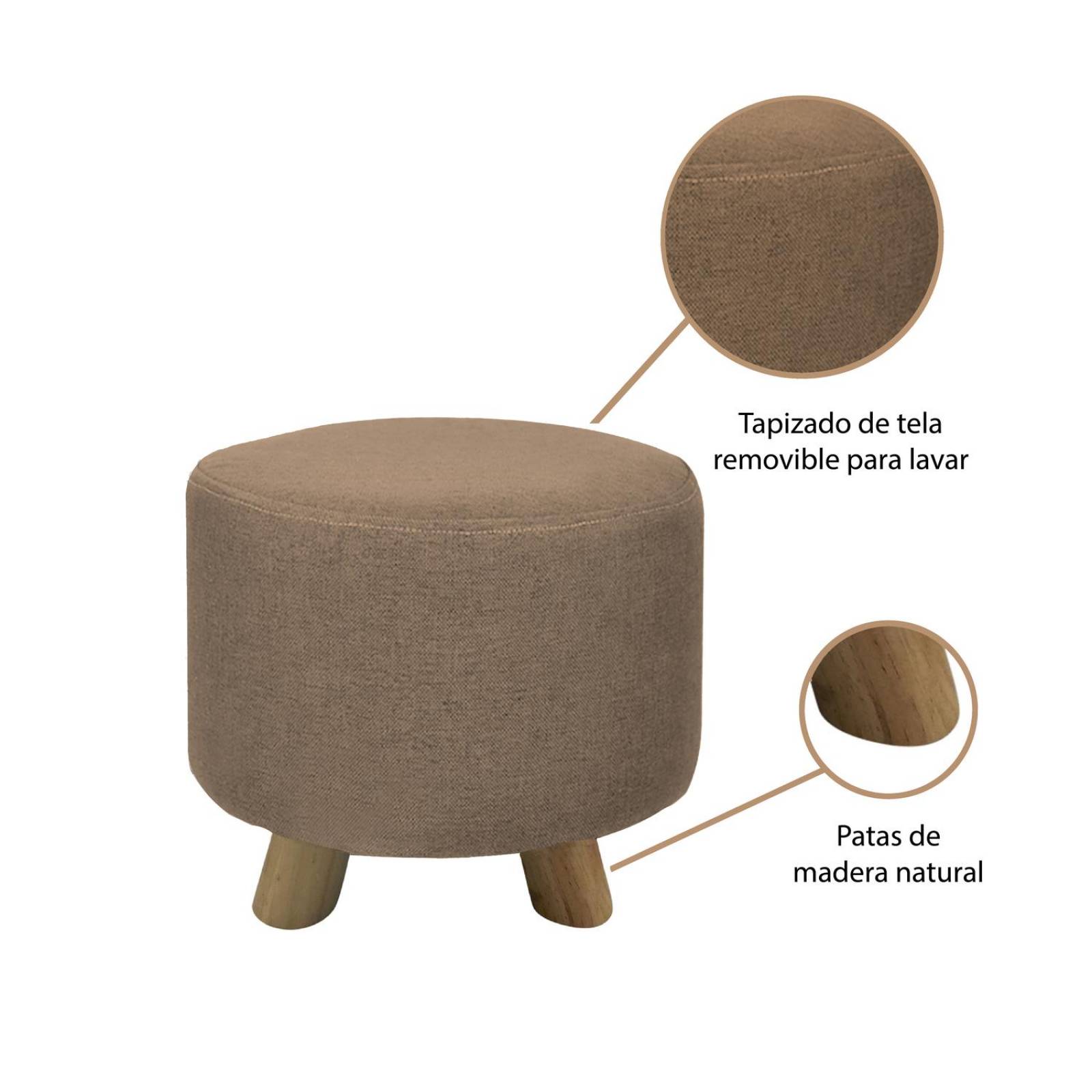 Banco Puff Banquito De Madera 4 Patas Tela Lisa Café Claro Chico