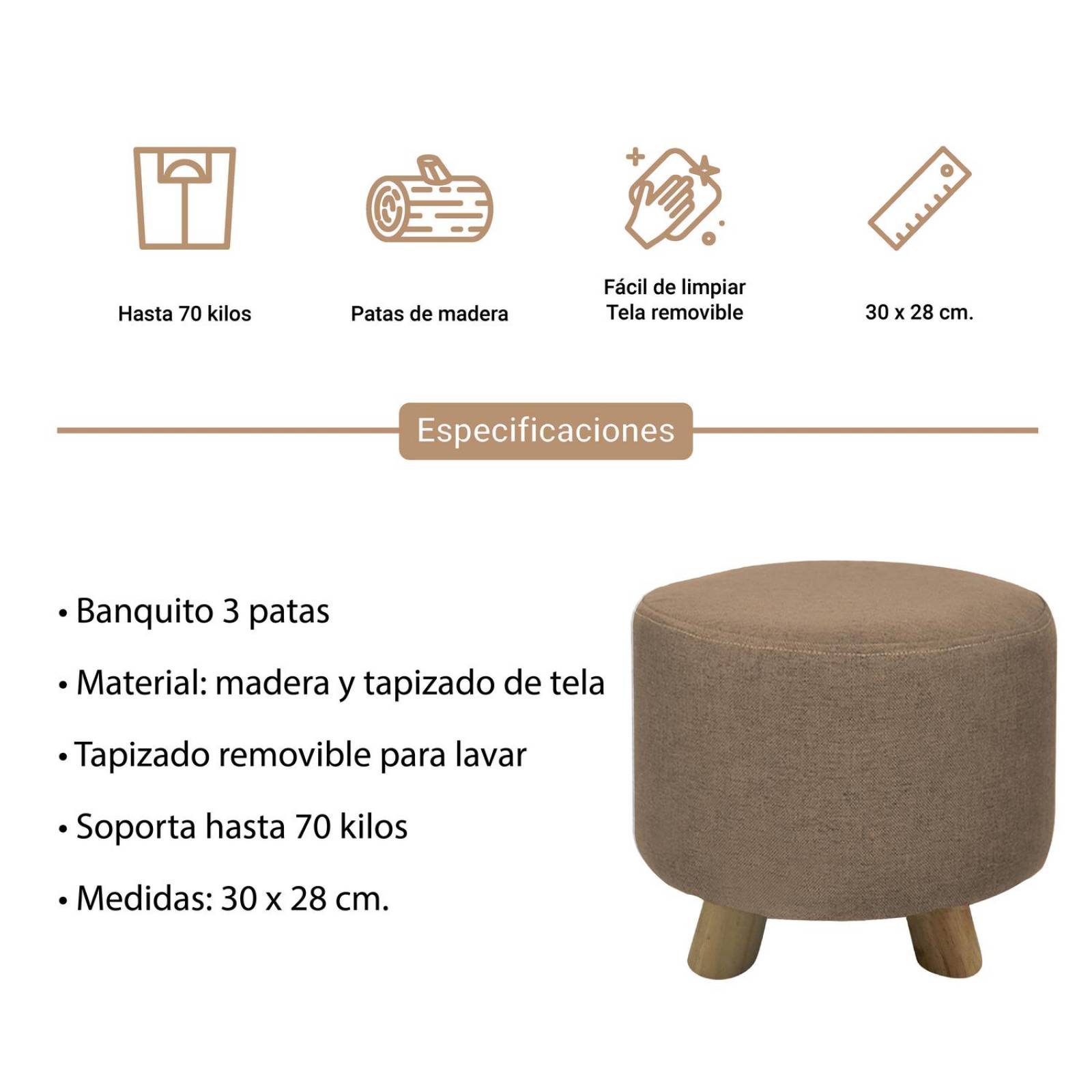 Banco Puff Banquito De Madera 4 Patas Tela Lisa Café Claro Chico