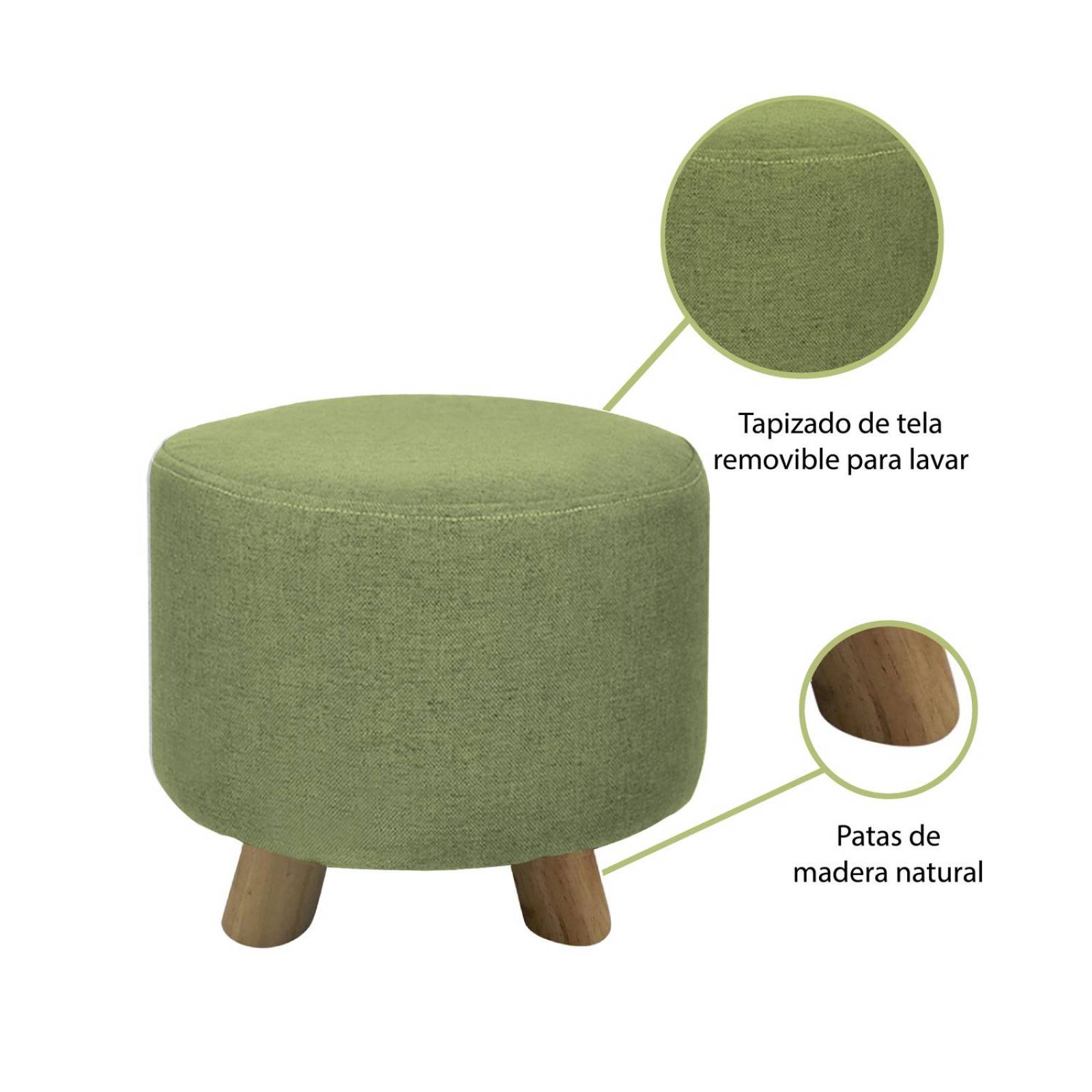 Banco Puff Banquito De Madera 4 Patas Tela Lisa Verde Limón Chico