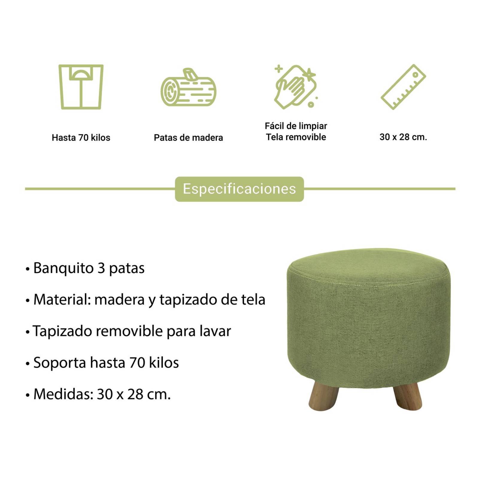 Banco Puff Banquito De Madera 4 Patas Tela Lisa Verde Limón Chico