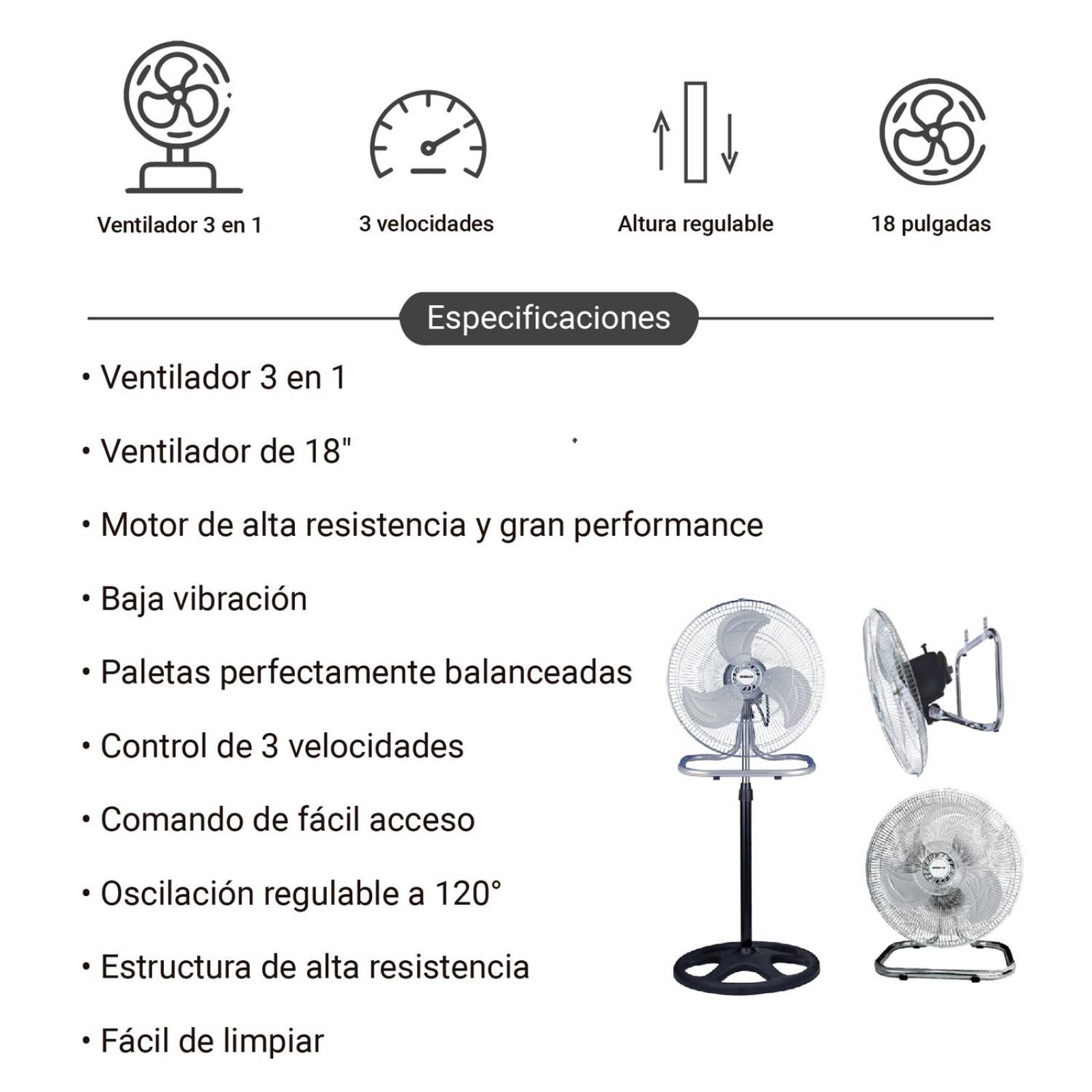 Ventilador 3 en 1 Negro y Cromo 3 Aspas Metal 18" Diámetro 