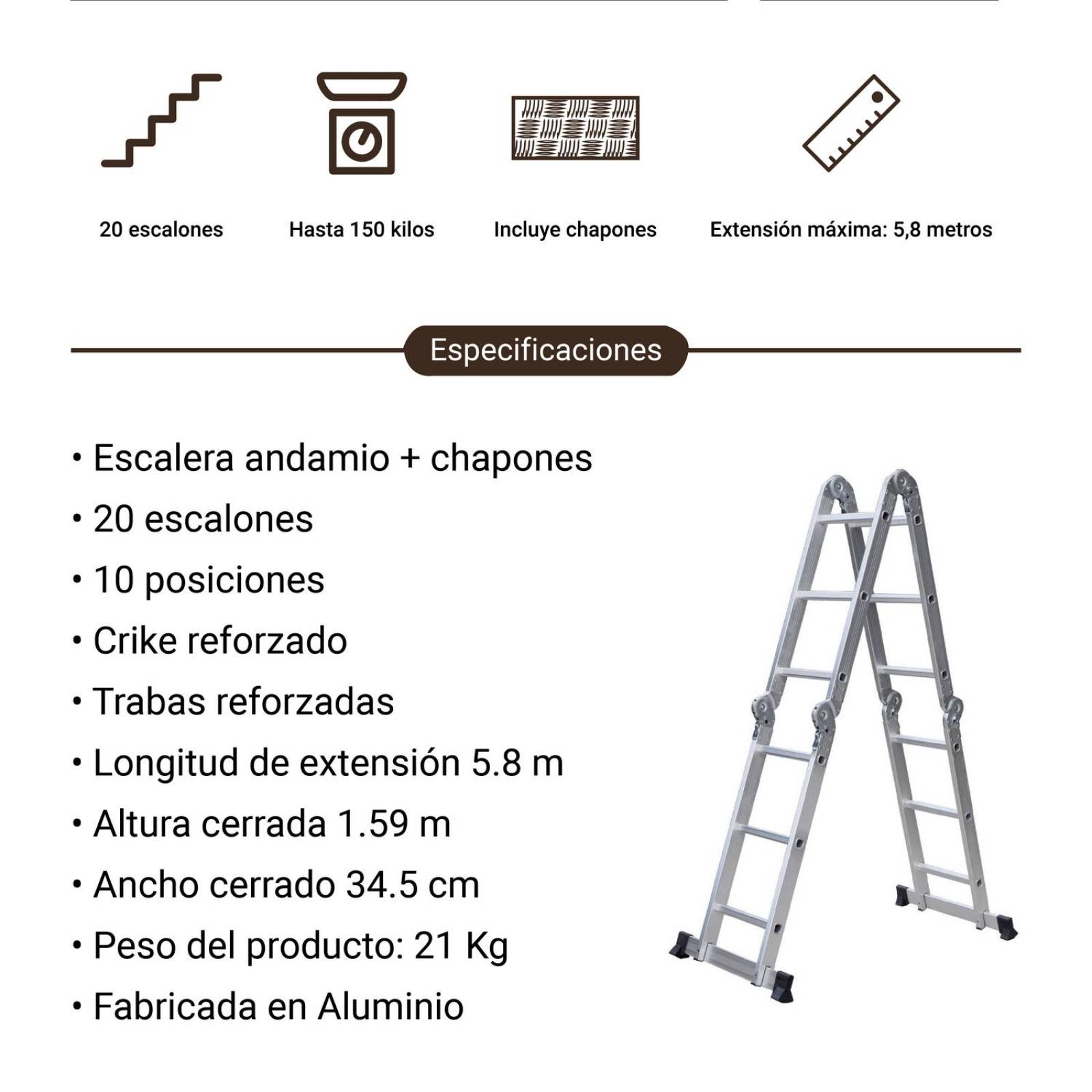 Escalera Multiposiciones Aluminio C/ Charolas 20 Escalones 