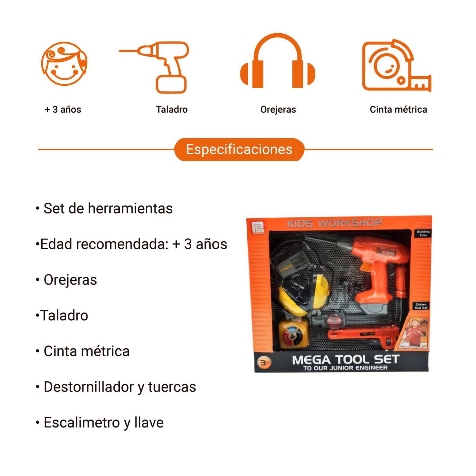 Set de herramientas de juguete infantil, taladro y orejeras