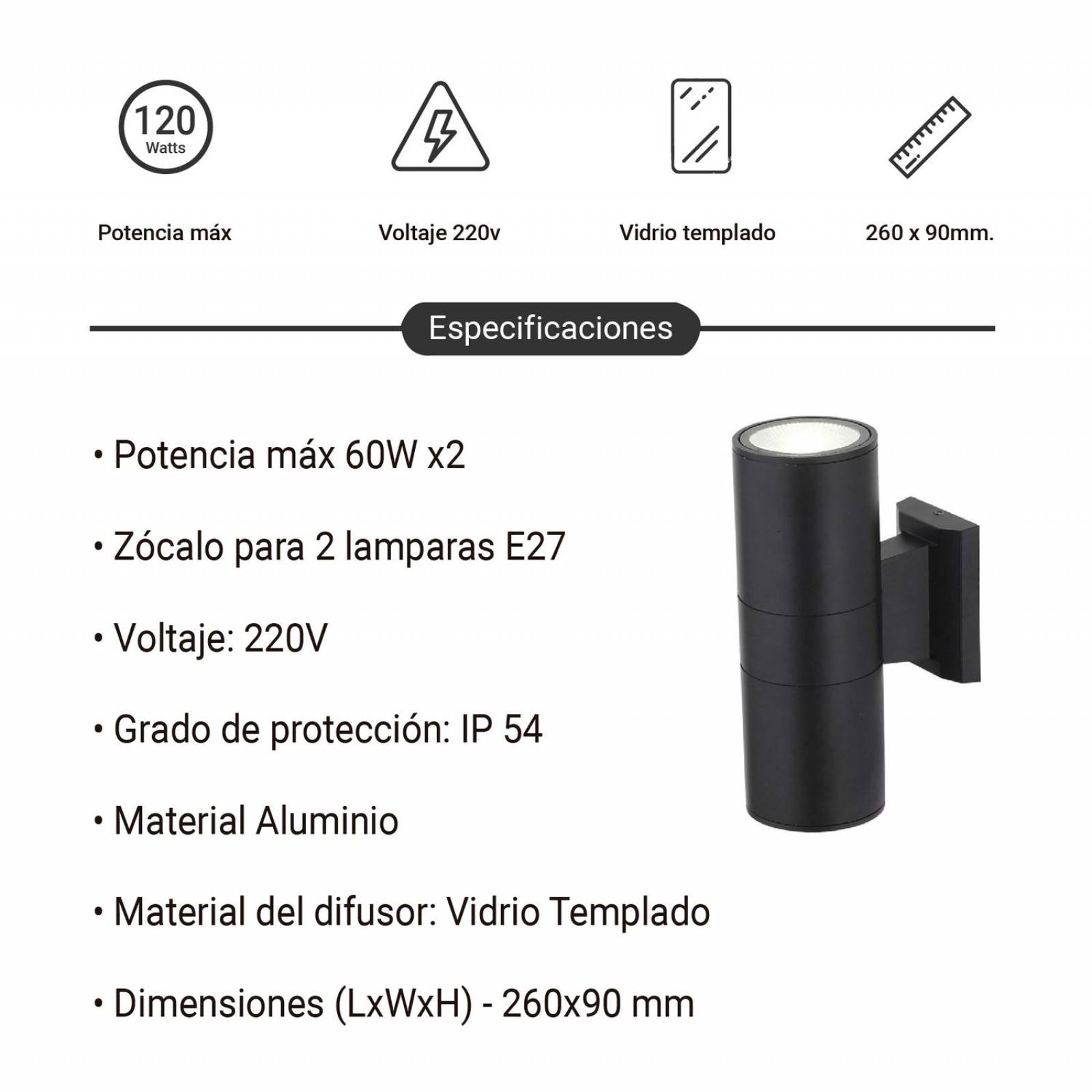 Lámpara Pared Muro Arbotante Baño Interior Exterior Led 60w Negro Mediano