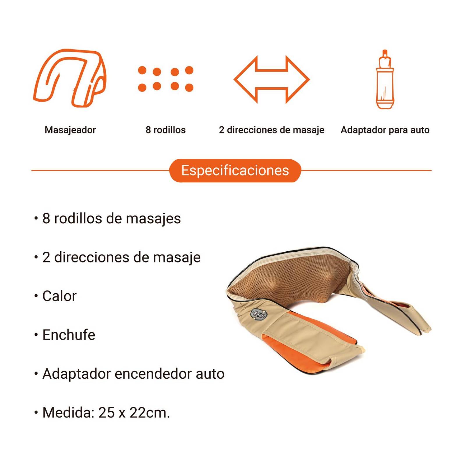 Masajeador cuello y espalda, lumbar, 8 rodillos, con calor 