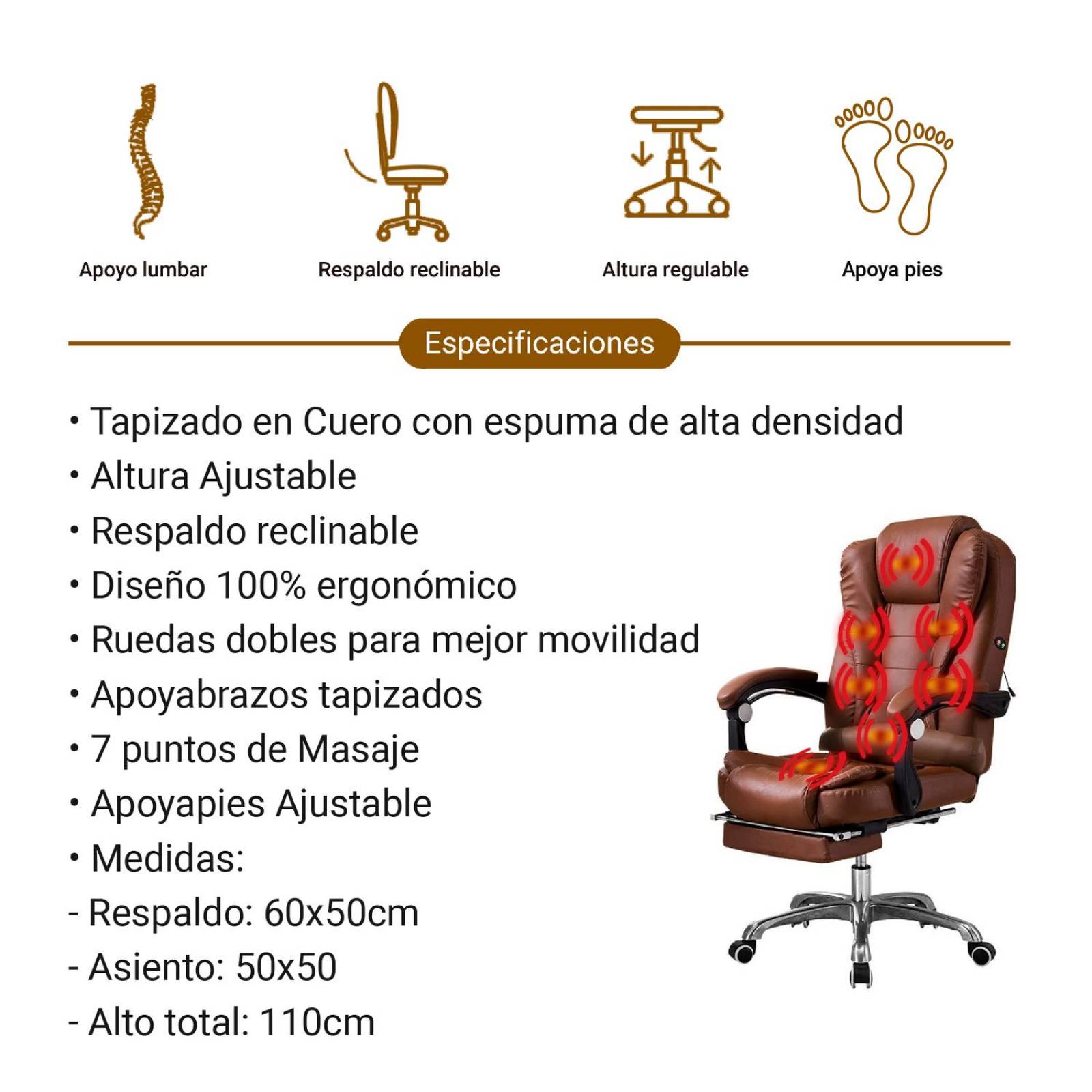 Silla Ejecutiva Sillón Oficina 7 Puntos Masajes Y Reposapies Marrón