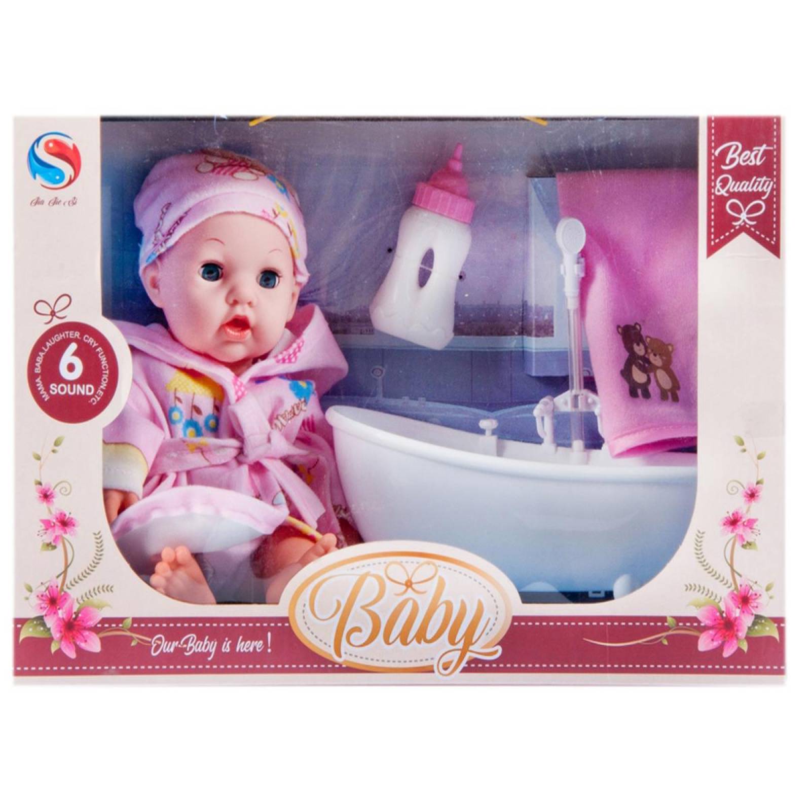 Muñeca bebé sonido set baño con accesorios bañera biberón 